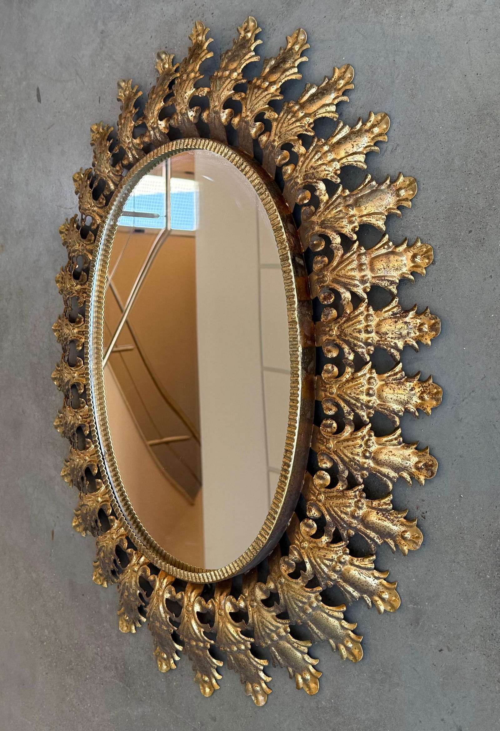 Mid 20th Century Spanish Gilt Metal Oval Sunburst Mirror - 4