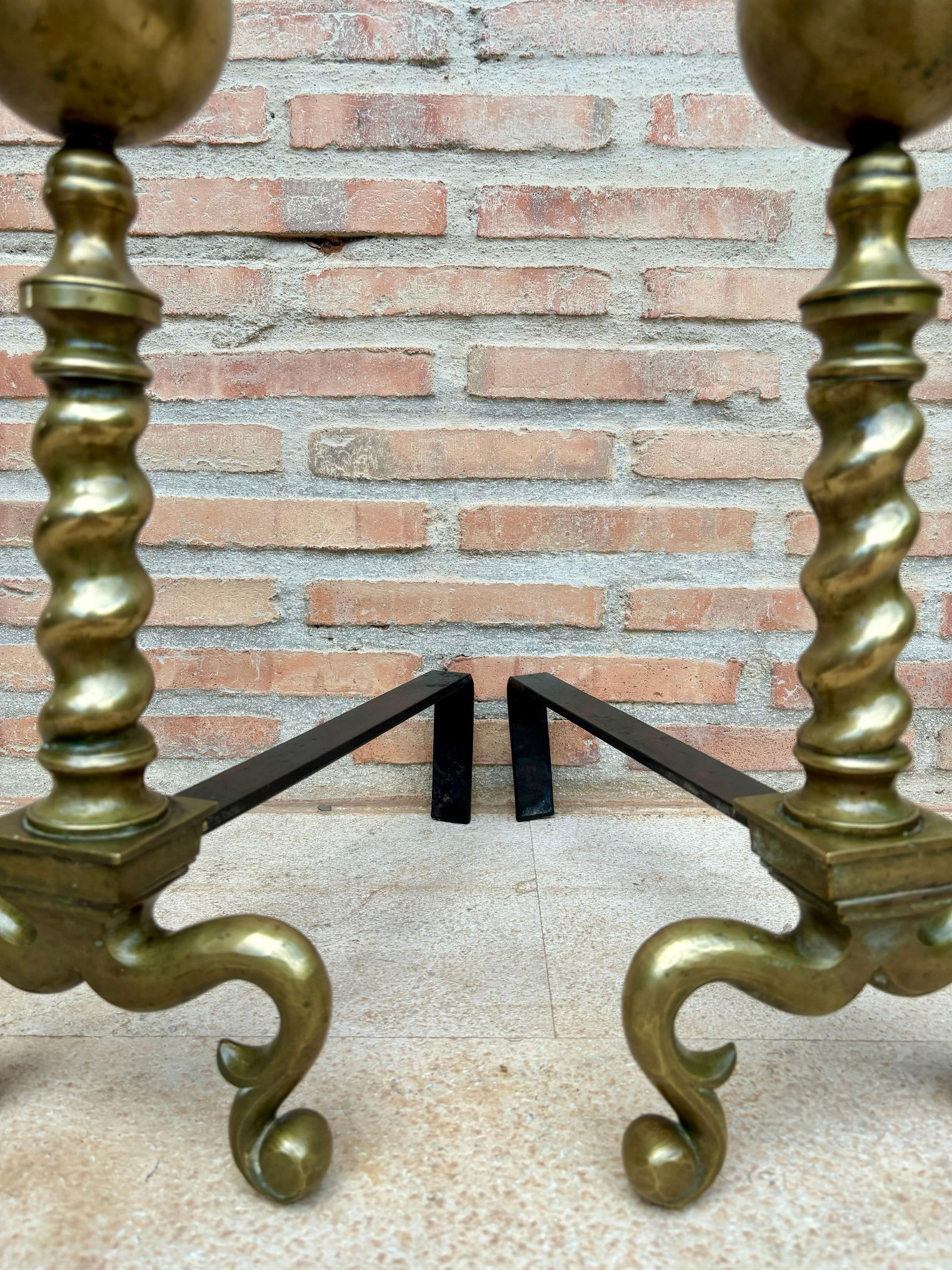 18th American Chippendale Style Brass Cannonball Andiron Firedog with Log Stops - 12