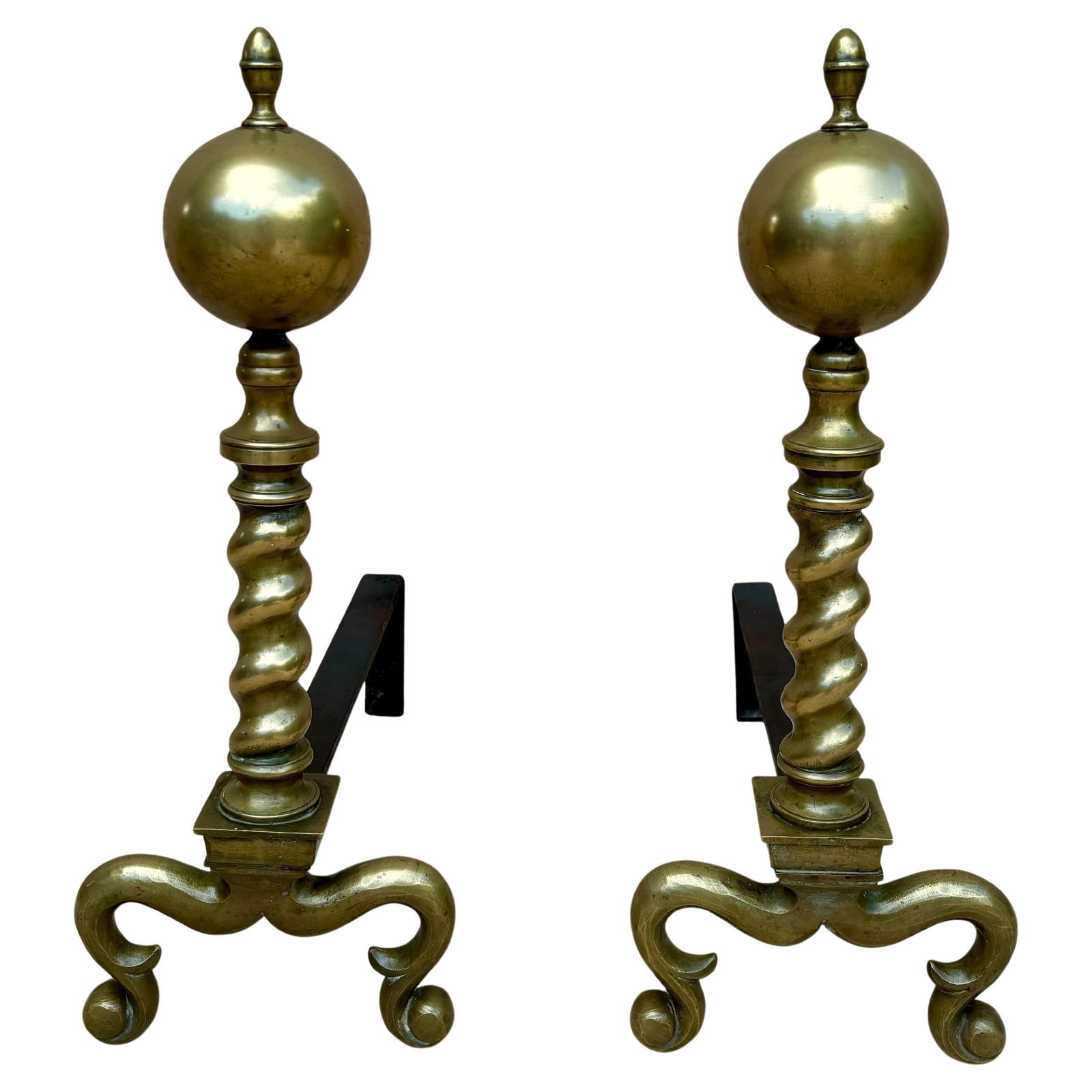 18th American Chippendale Style Brass Cannonball Andiron Firedog with Log Stops - 15