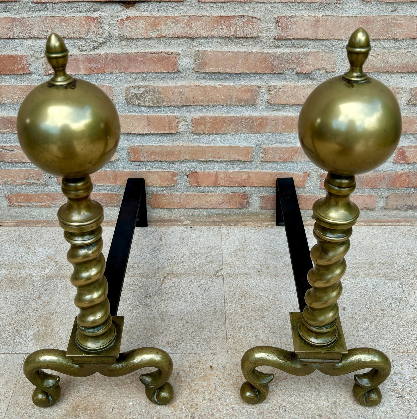 18th American Chippendale Style Brass Cannonball Andiron Firedog with Log Stops - 16
