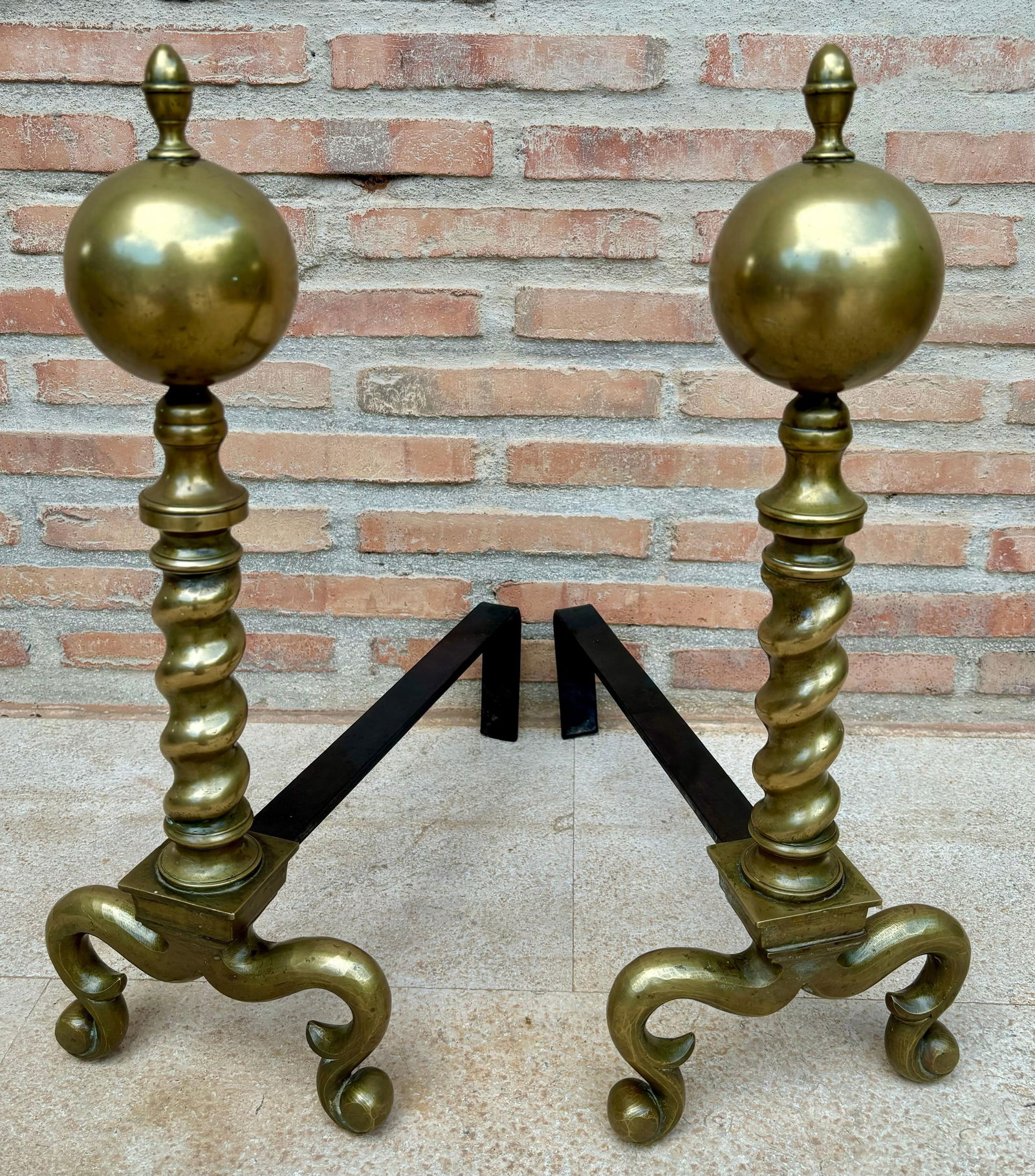 18th American Chippendale Style Brass Cannonball Andiron Firedog with Log Stops - 17