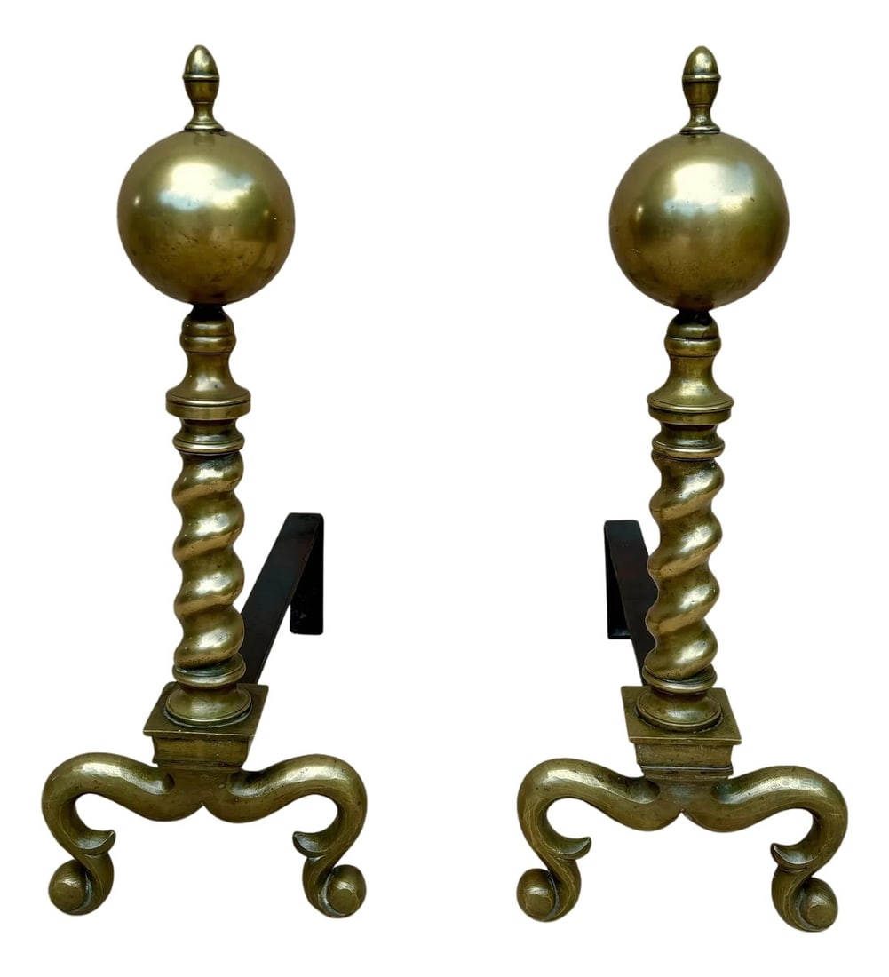18th American Chippendale Style Brass Cannonball Andiron Firedog with Log Stops (1 of 18)