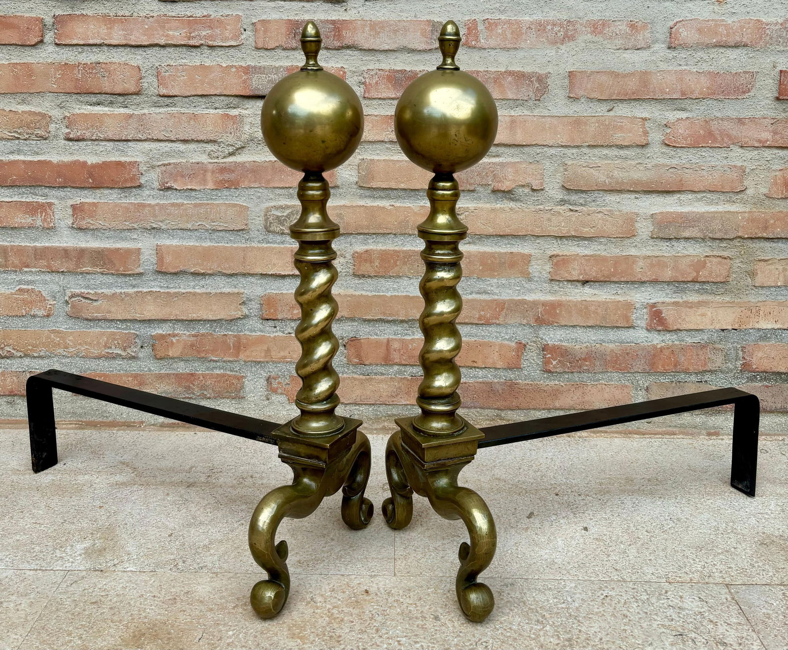 18th American Chippendale Style Brass Cannonball Andiron Firedog with Log Stops - 6