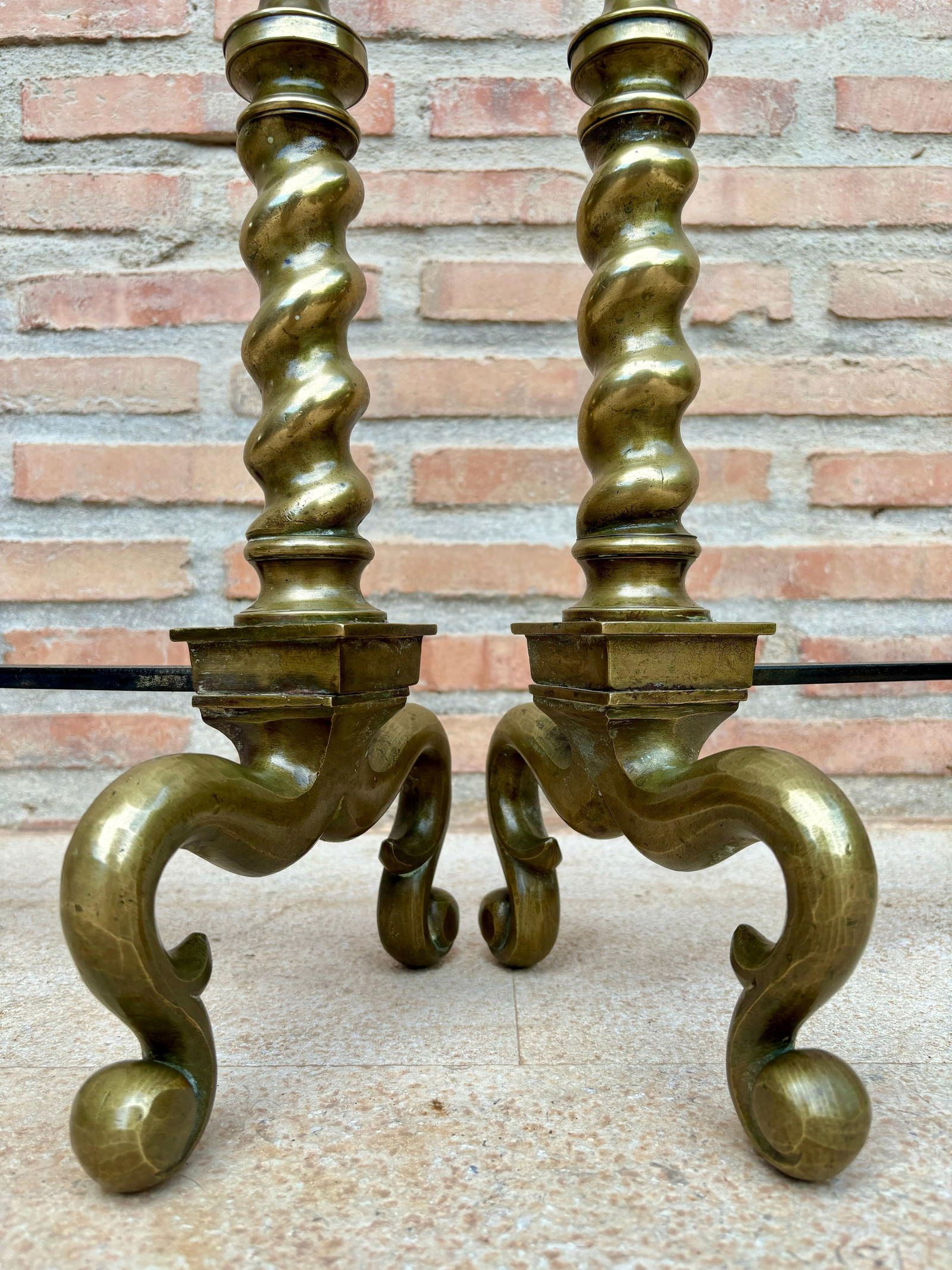 18th American Chippendale Style Brass Cannonball Andiron Firedog with Log Stops - 8