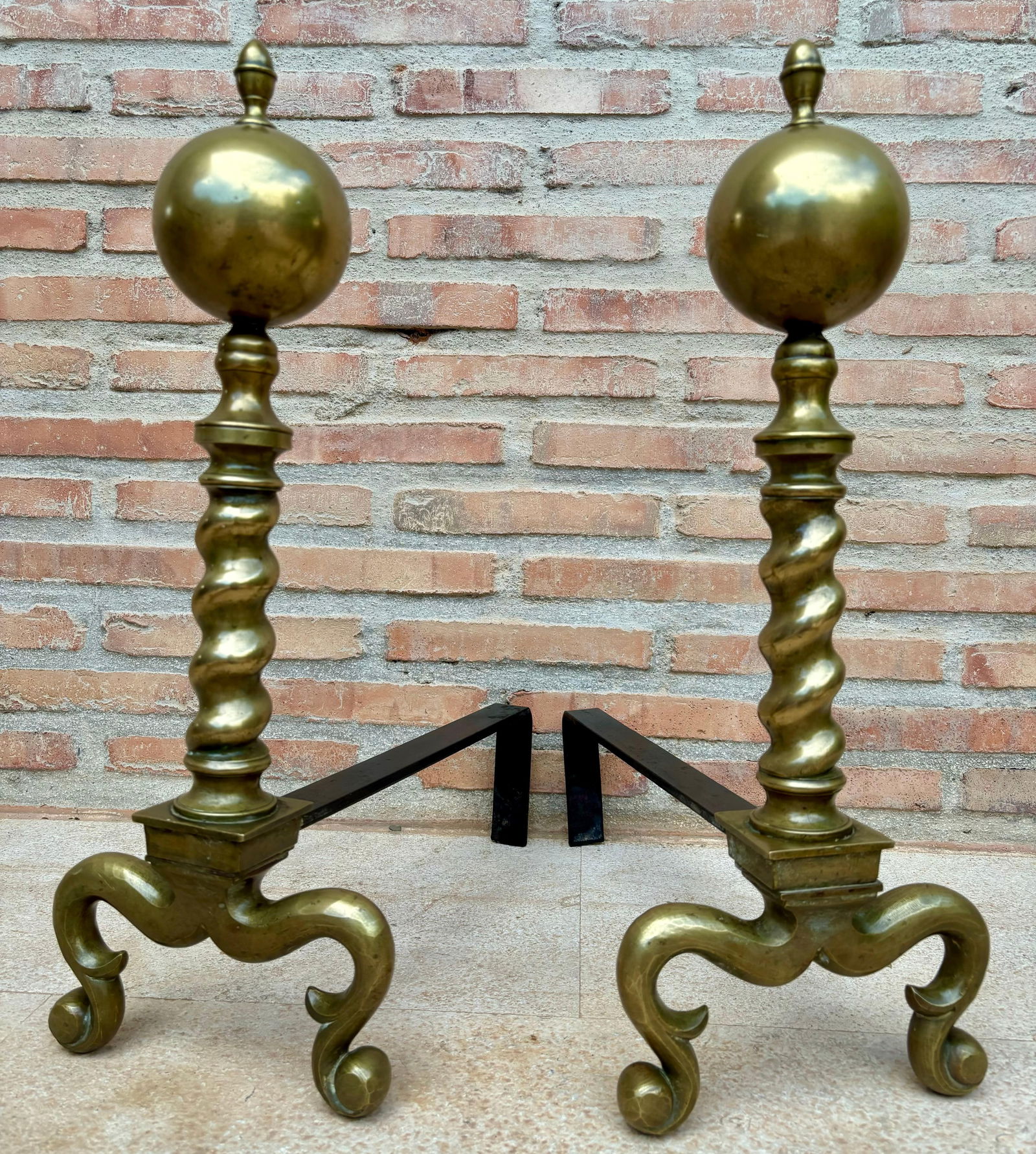 18th American Chippendale Style Brass Cannonball Andiron Firedog with Log Stops - 9