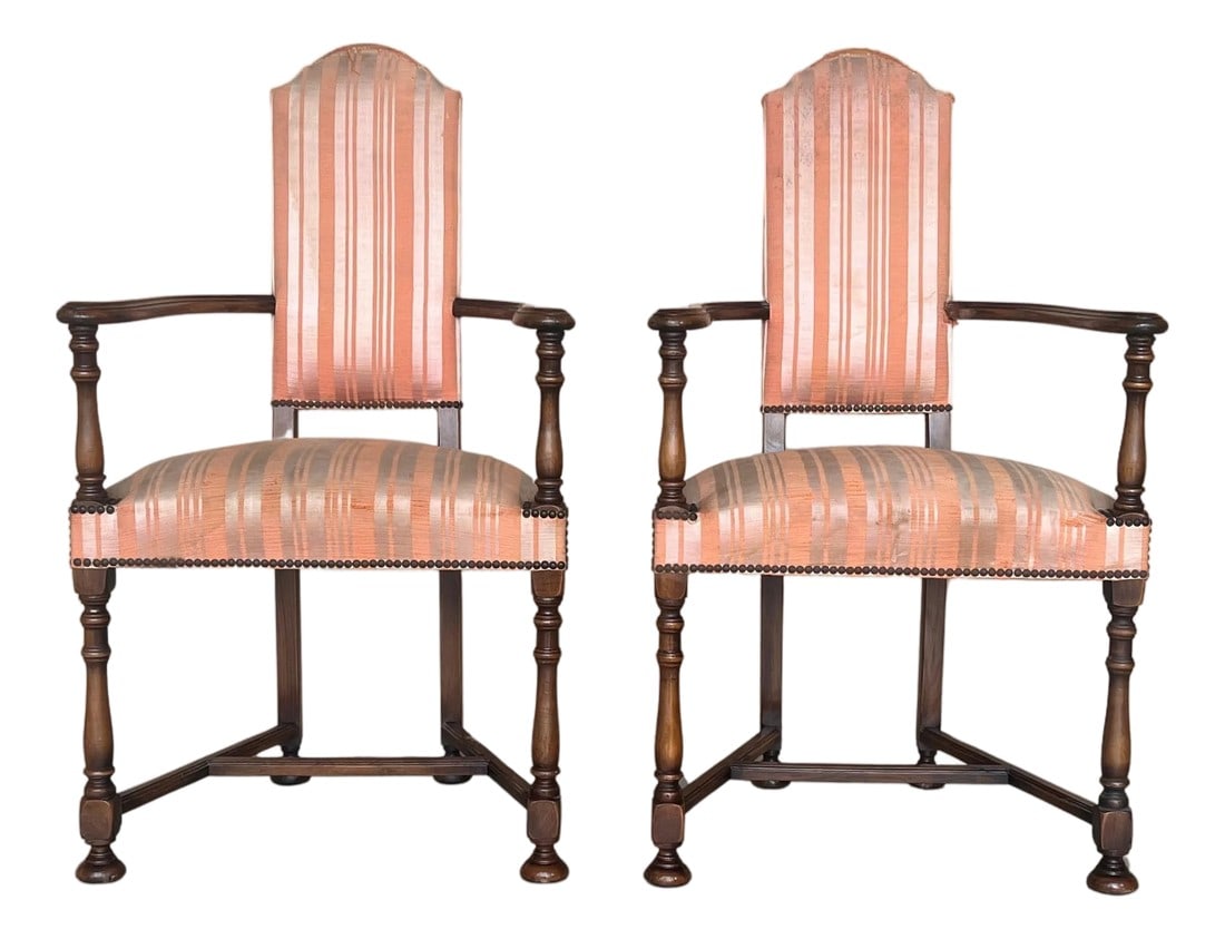 Mid 20th Century Pair of Spanish Armchairs with High Back signed by Valenti: Pair of Spanish Armchairs with High Back signed by Valenti The fabric is dirty and needs a reupholstered. Condition: Alterations: Unknown Imperfections: Some Imperfections Condition Notes: Good