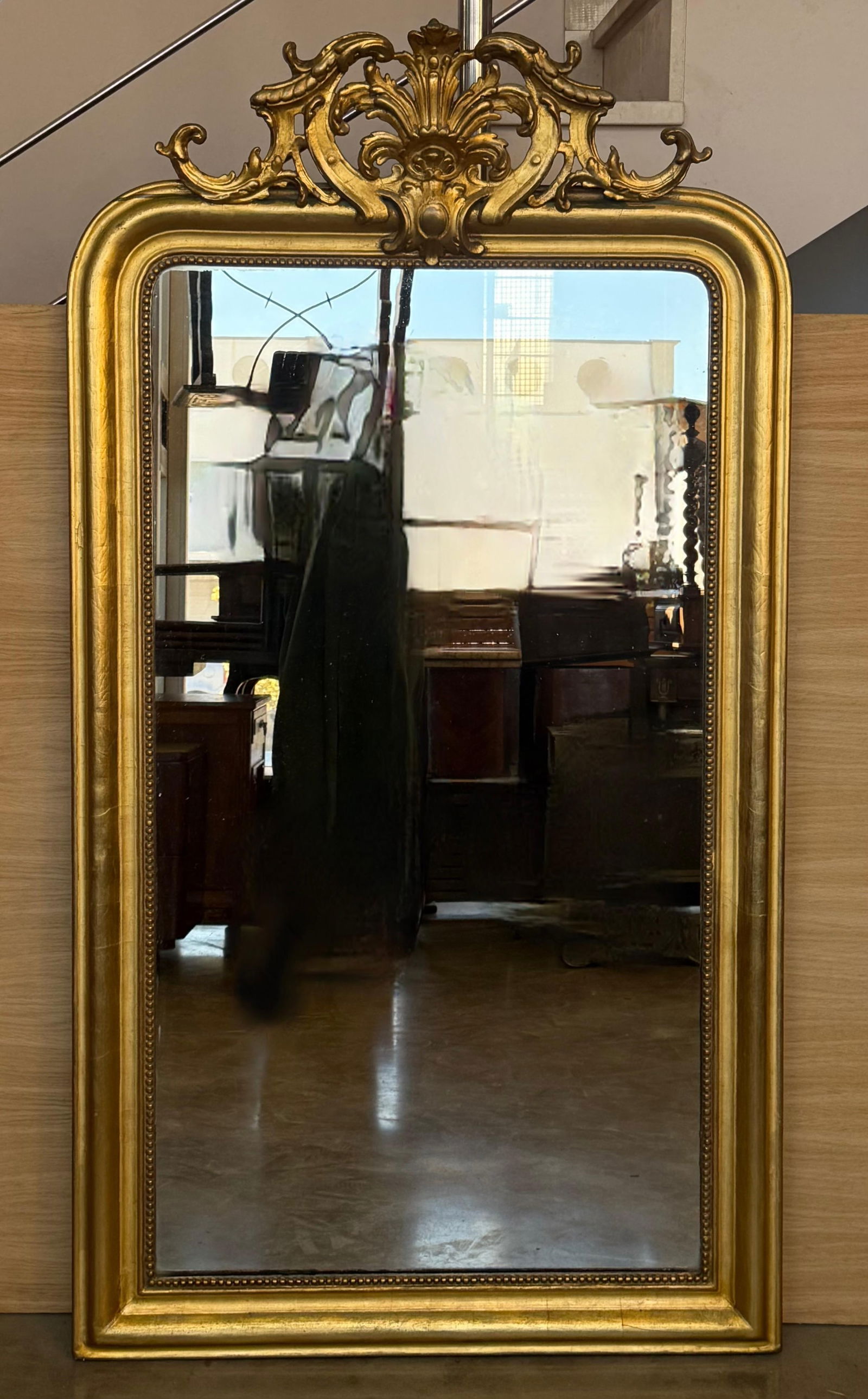 French 19th Century Large Vertical Gold Gilt Mirror with Floral crest - 16