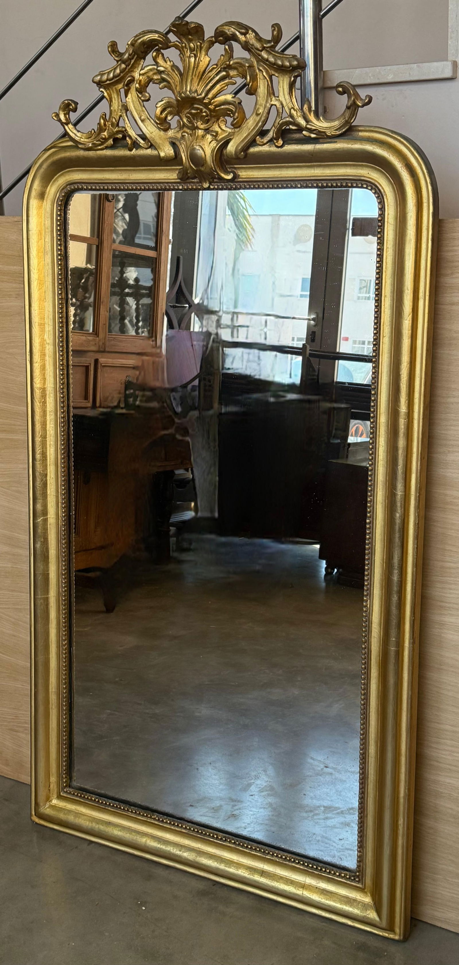 French 19th Century Large Vertical Gold Gilt Mirror with Floral crest - 2