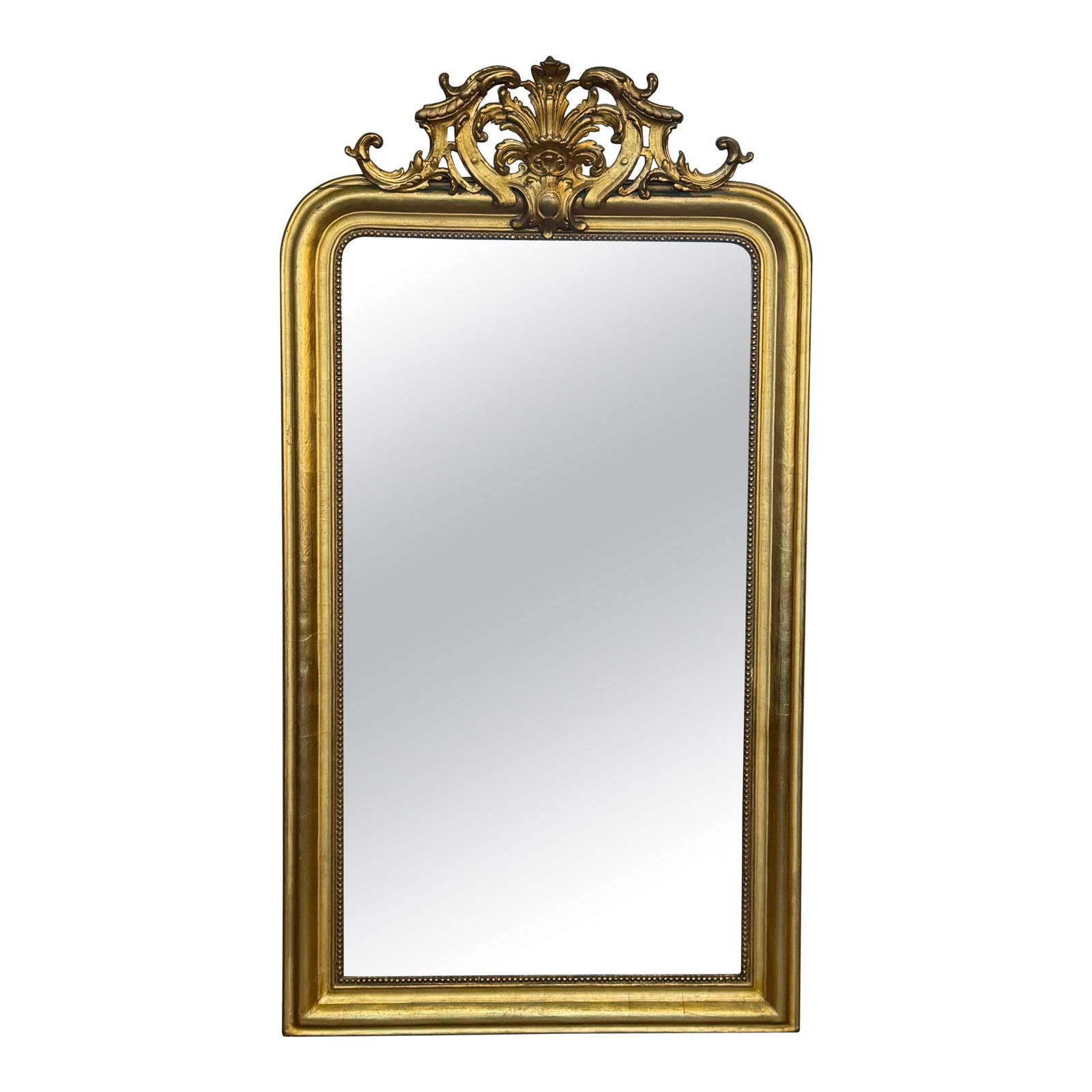 French 19th Century Large Vertical Gold Gilt Mirror with Floral crest - 6