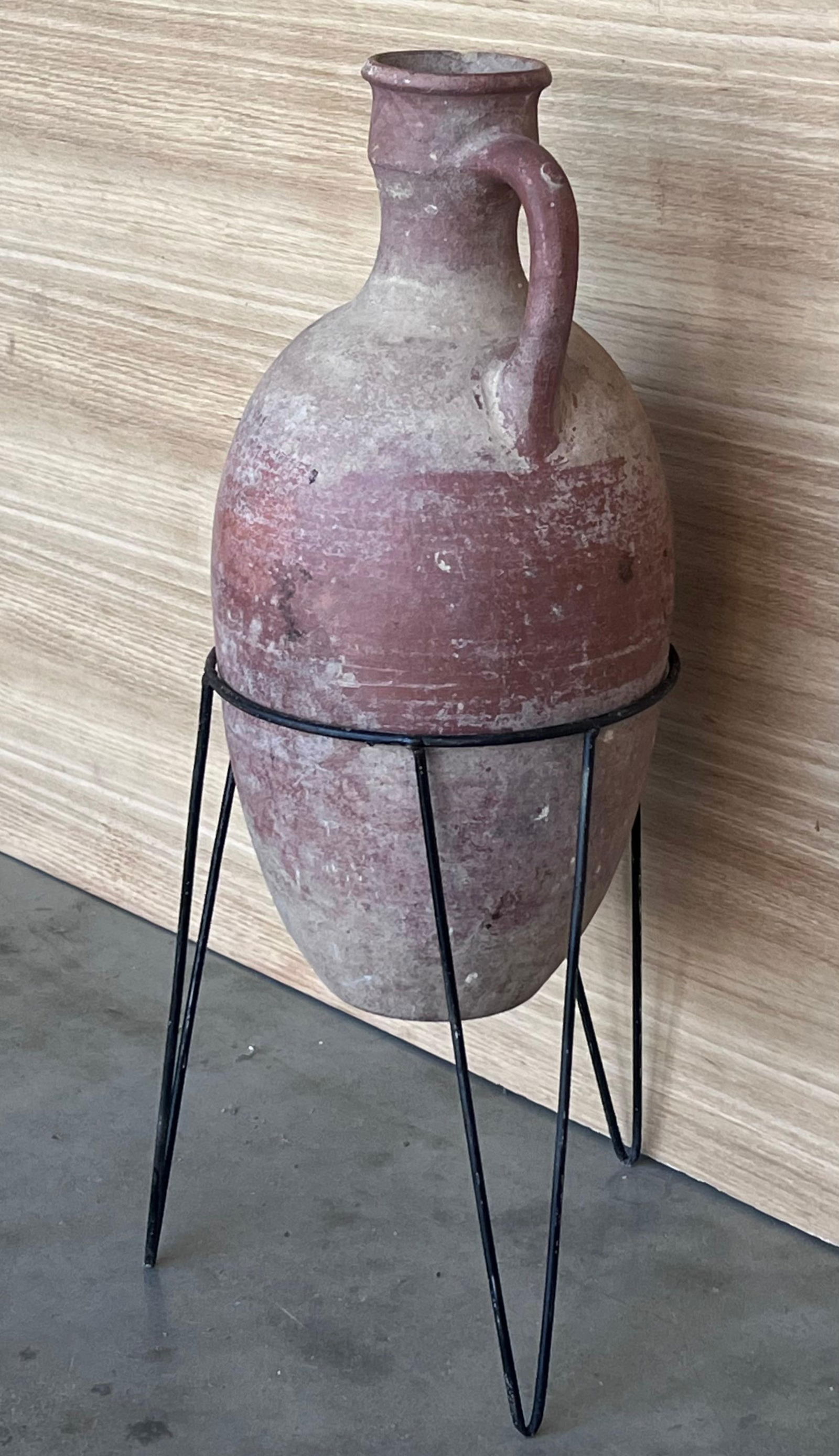 1890 Terracotta Amphora Vase or Jar with handle with metal support - 3