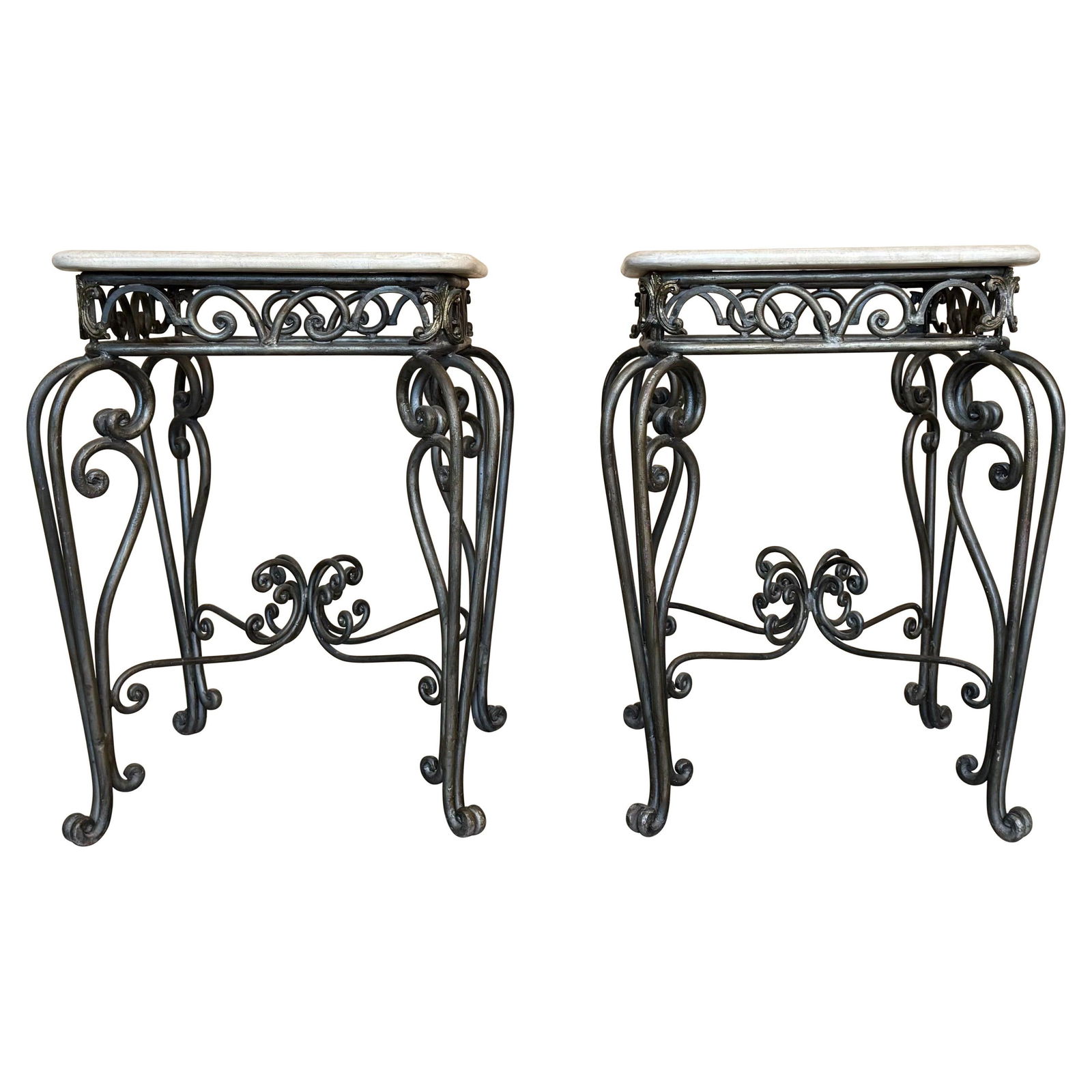 Early 20th Century Pair of Neoclassical Style Patinated Forged Iron Planter Stands with marble top - 15