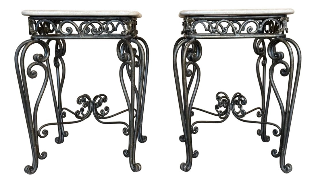 Early 20th Century Pair of Neoclassical Style Patinated Forged Iron Planter Stands with marble top: Pair of Neoclassical Style Patinated Forged Iron Planter Stands with marble top Condition: Alterations: Unknown Imperfections: Some Imperfections Condition Notes: Good Wear consistent with age and