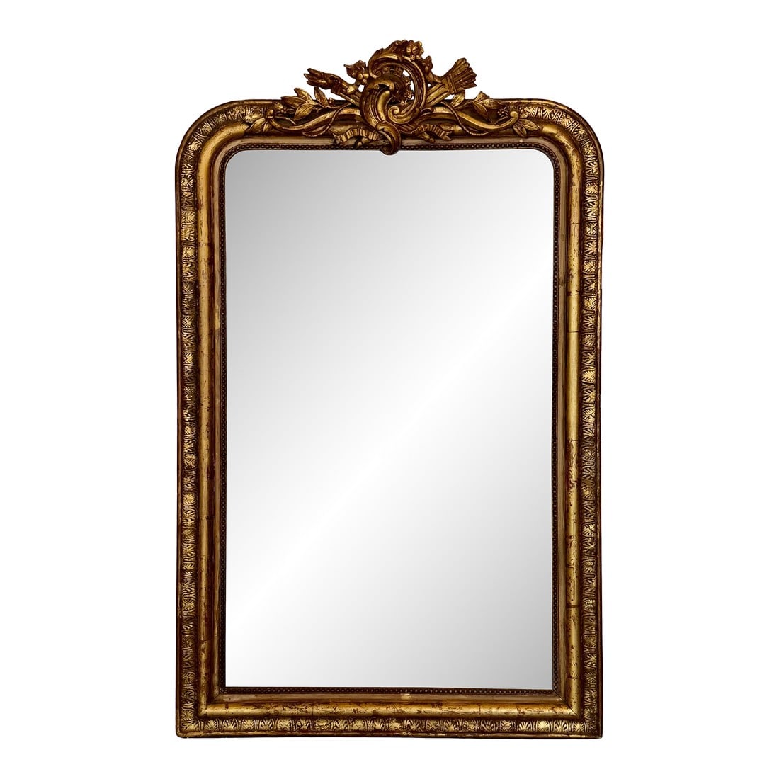 French 19th Century Large Vertical Gold Gilt Mirror with Floral crest (1 of 18)