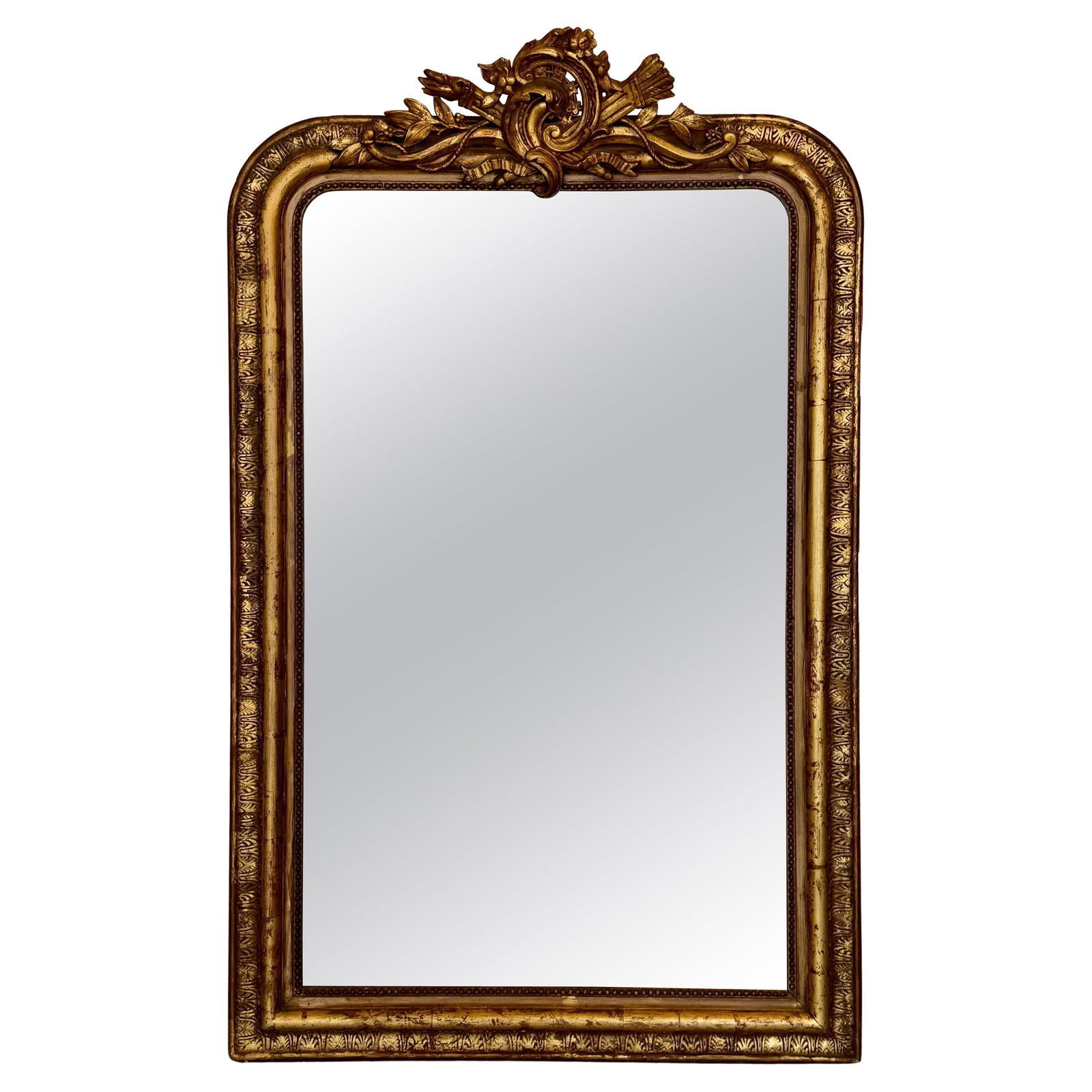 French 19th Century Large Vertical Gold Gilt Mirror with Floral crest - 6