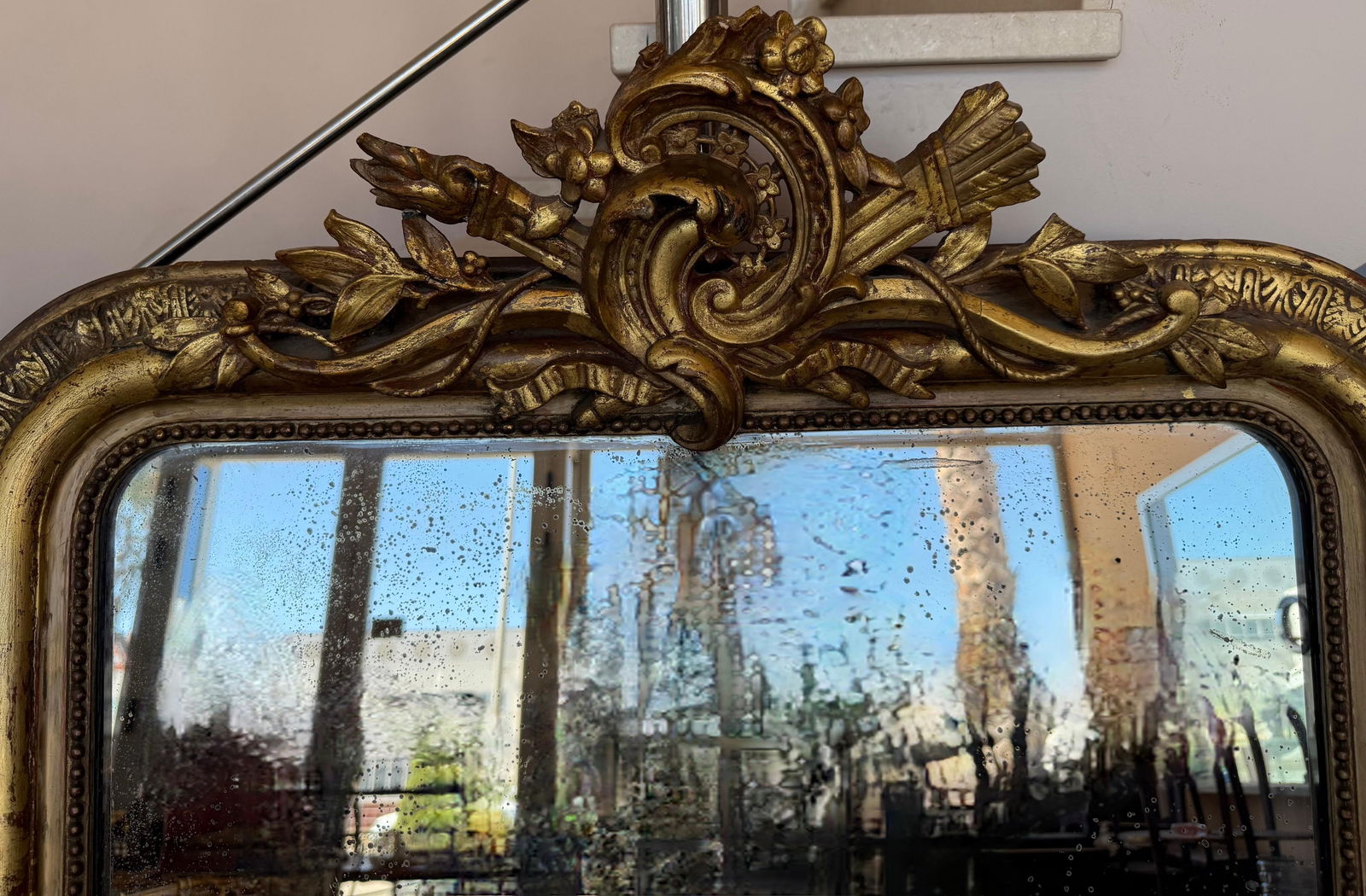 French 19th Century Large Vertical Gold Gilt Mirror with Floral crest - 9