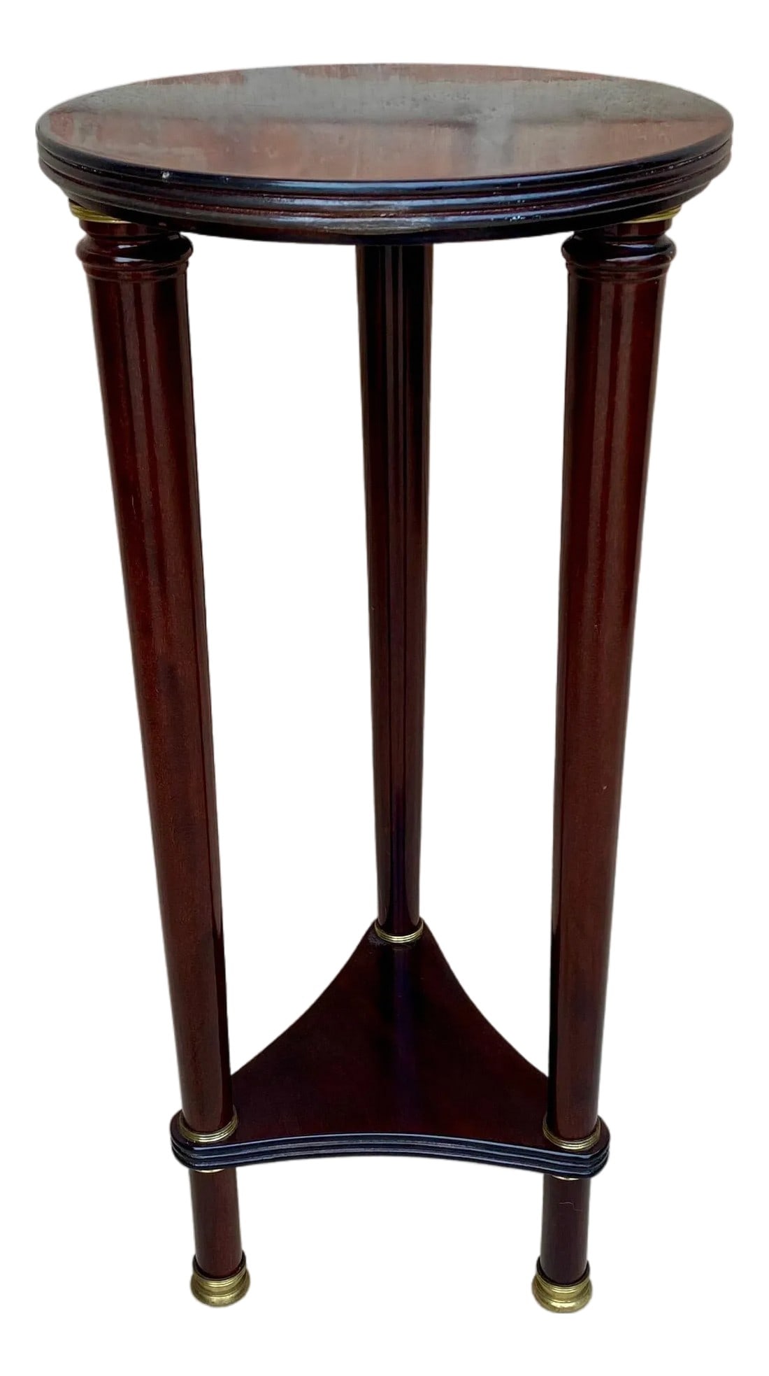 French Style Round Wood Pedestal Table or Plant Stand, 1950s: Vintage French style pedestal table. Made of wood with a triangular base that supports turned columns and a round wooden top. Condition: Alterations: Unknown Imperfections: Some Imperfections