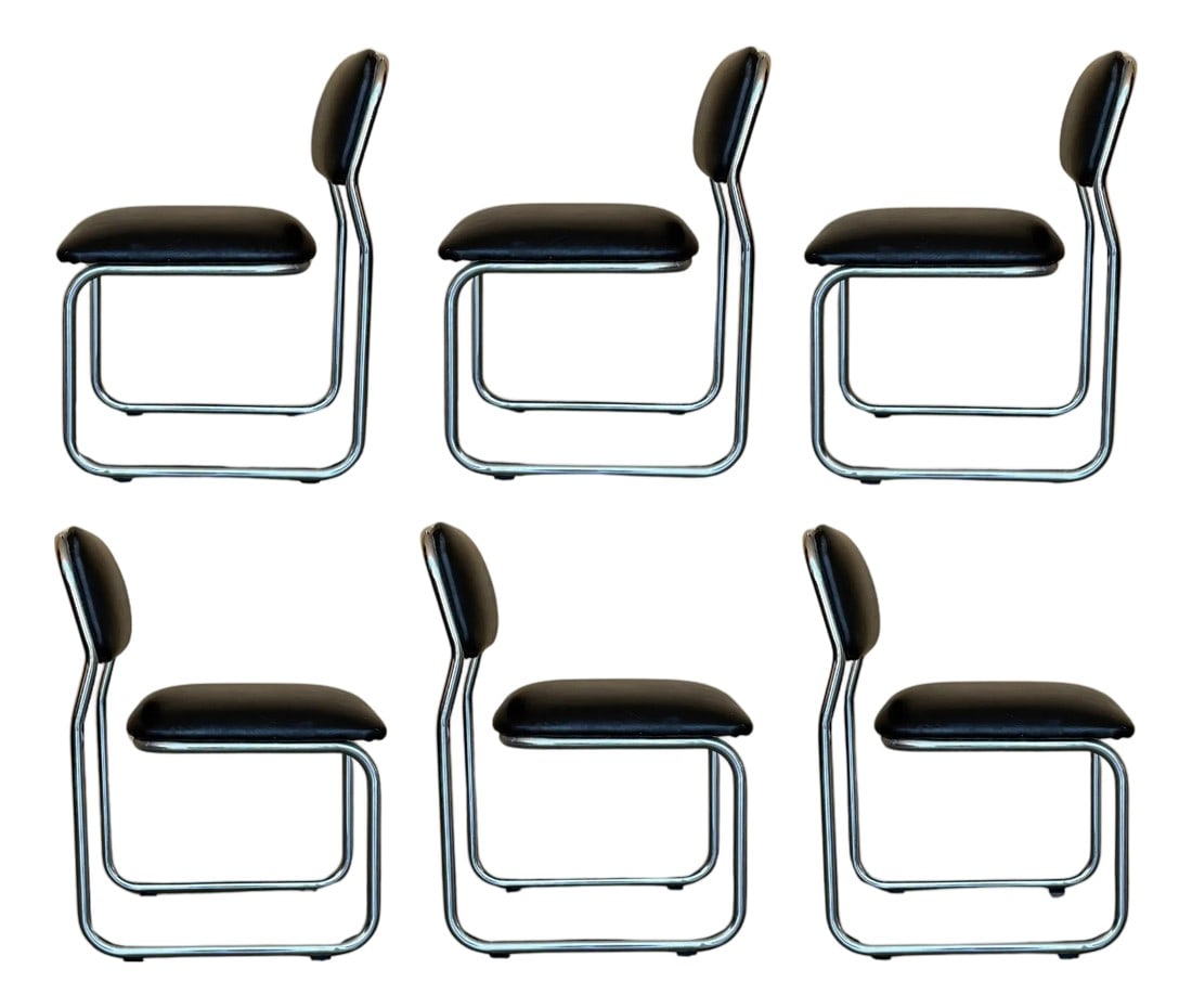 Set of Six Cantilever Chars in Leather and Steel, 1970s (1 of 18)