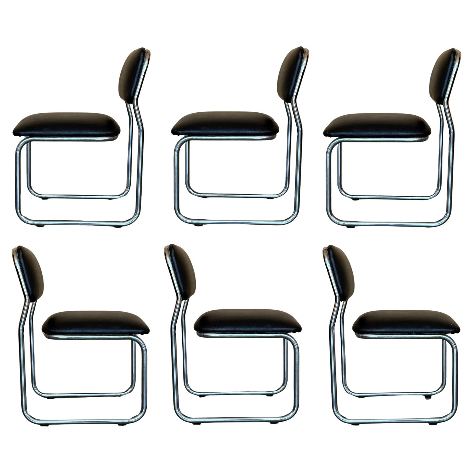 Set of Six Cantilever Chars in Leather and Steel, 1970s - 7