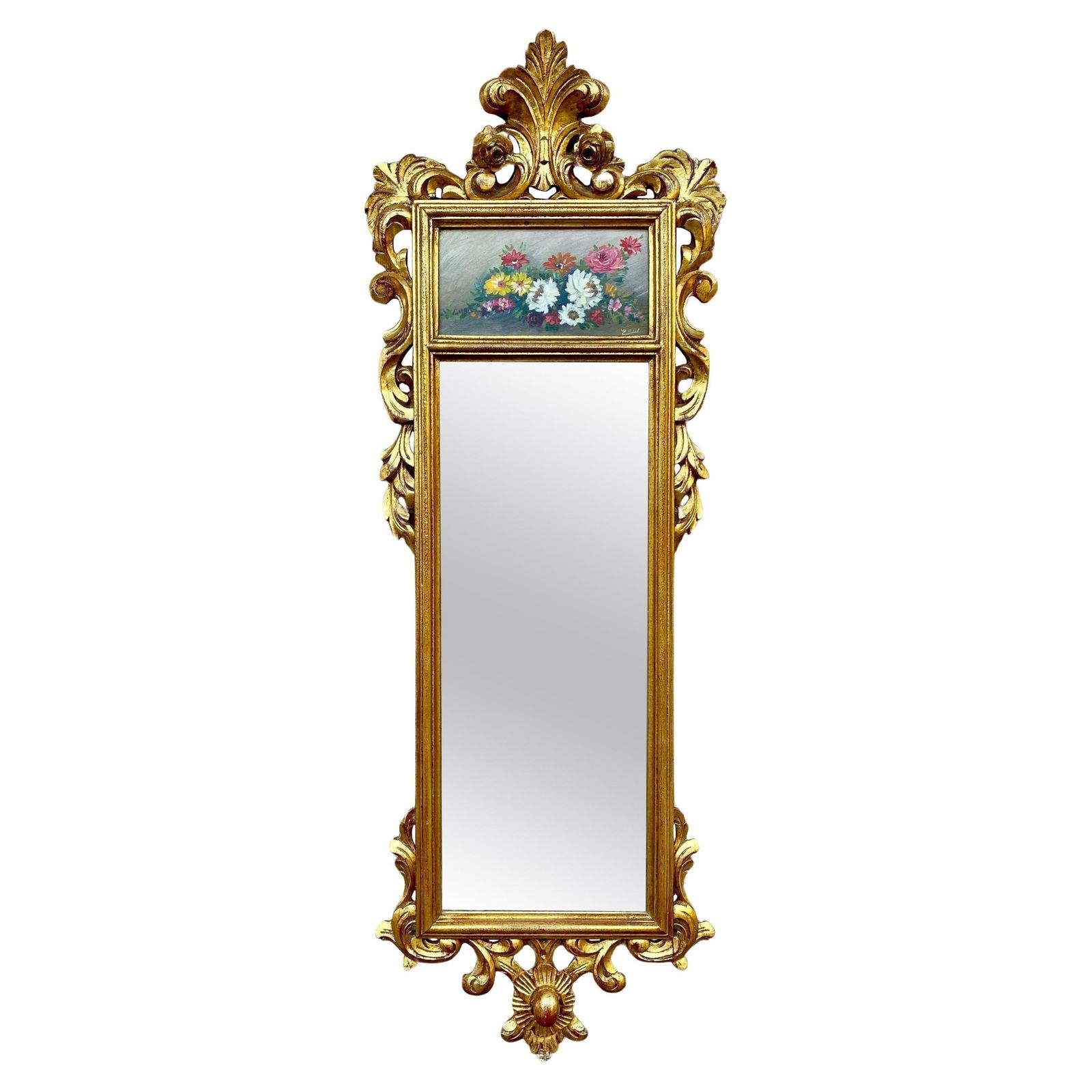 French Gilt Carved Wall Mirror in French Rococo Style with Oil Painting of Flora - 15