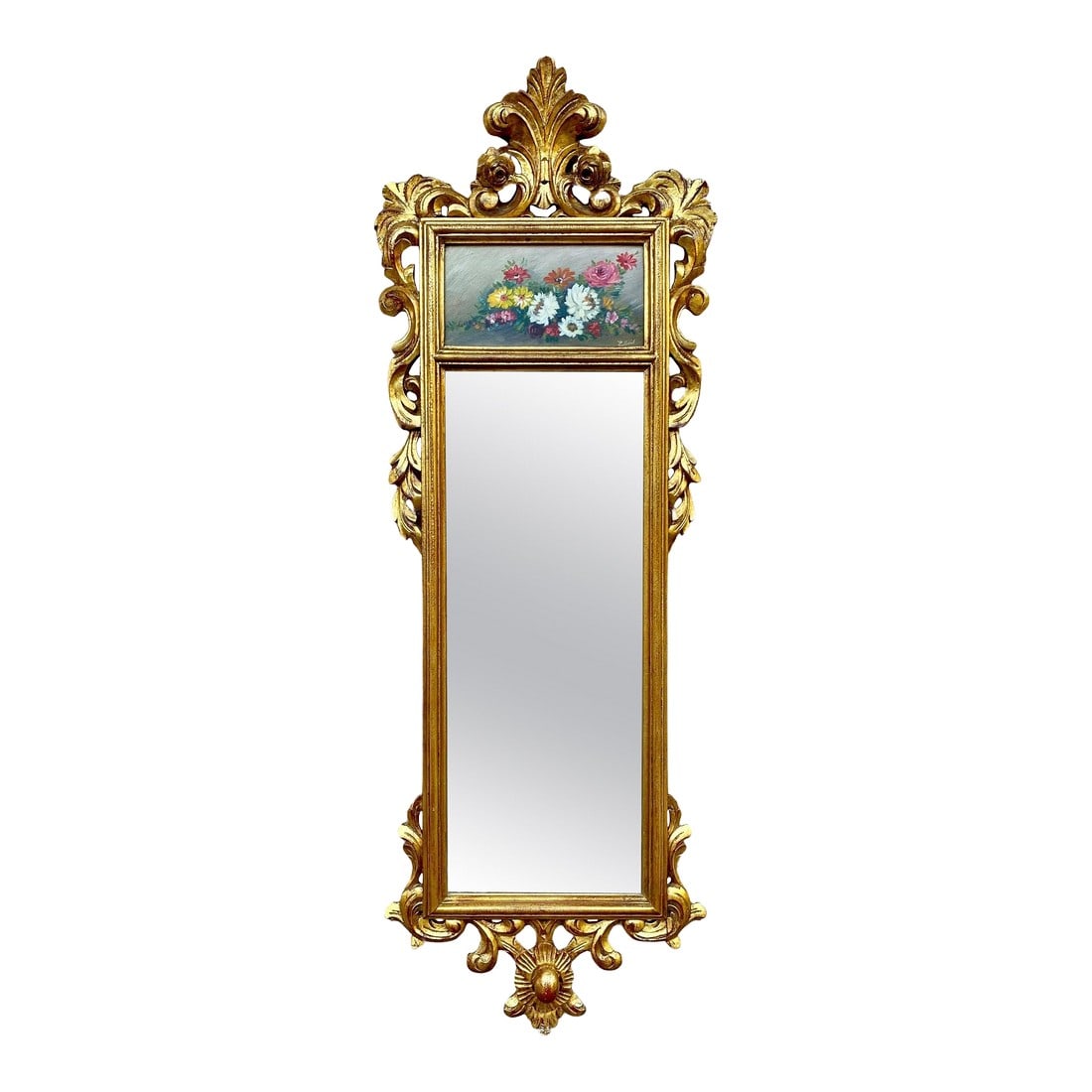 French Gilt Carved Wall Mirror in French Rococo Style with Oil Painting of Flora: Beautiful French gilt carved wall mirror in French Rococo style with oil painting of floral motifs. French Rococo style gilt carved French wall mirror with oil painting of floral motifs. Stunning