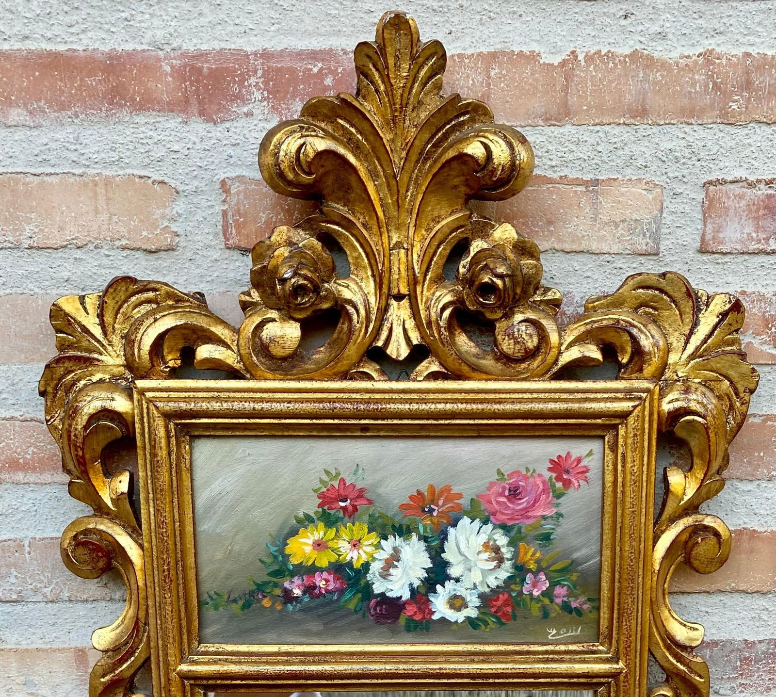 French Gilt Carved Wall Mirror in French Rococo Style with Oil Painting of Flora - 2