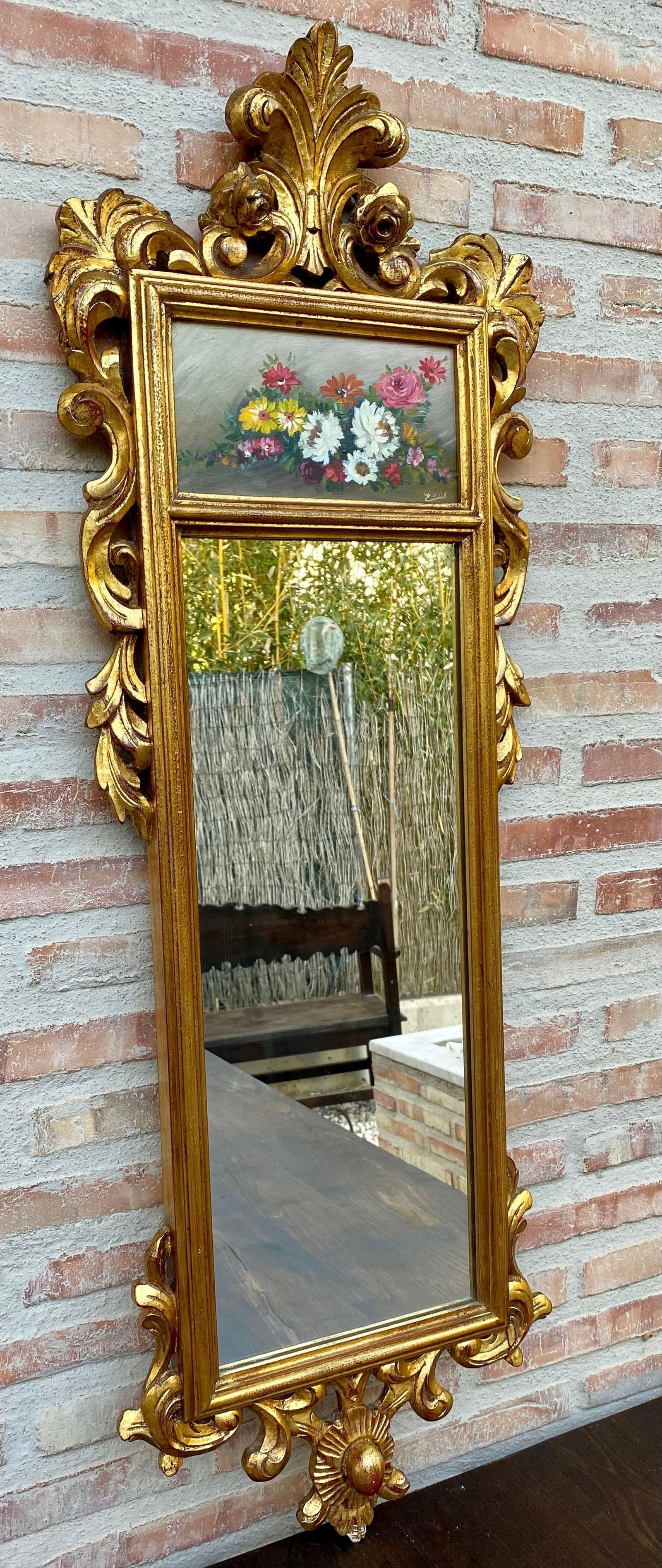 French Gilt Carved Wall Mirror in French Rococo Style with Oil Painting of Flora - 3