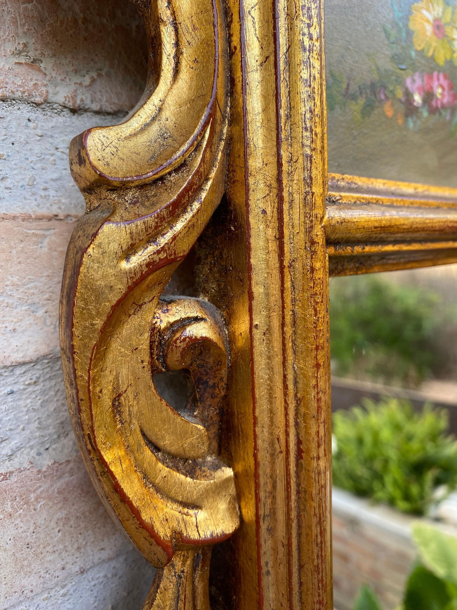 French Gilt Carved Wall Mirror in French Rococo Style with Oil Painting of Flora - 5