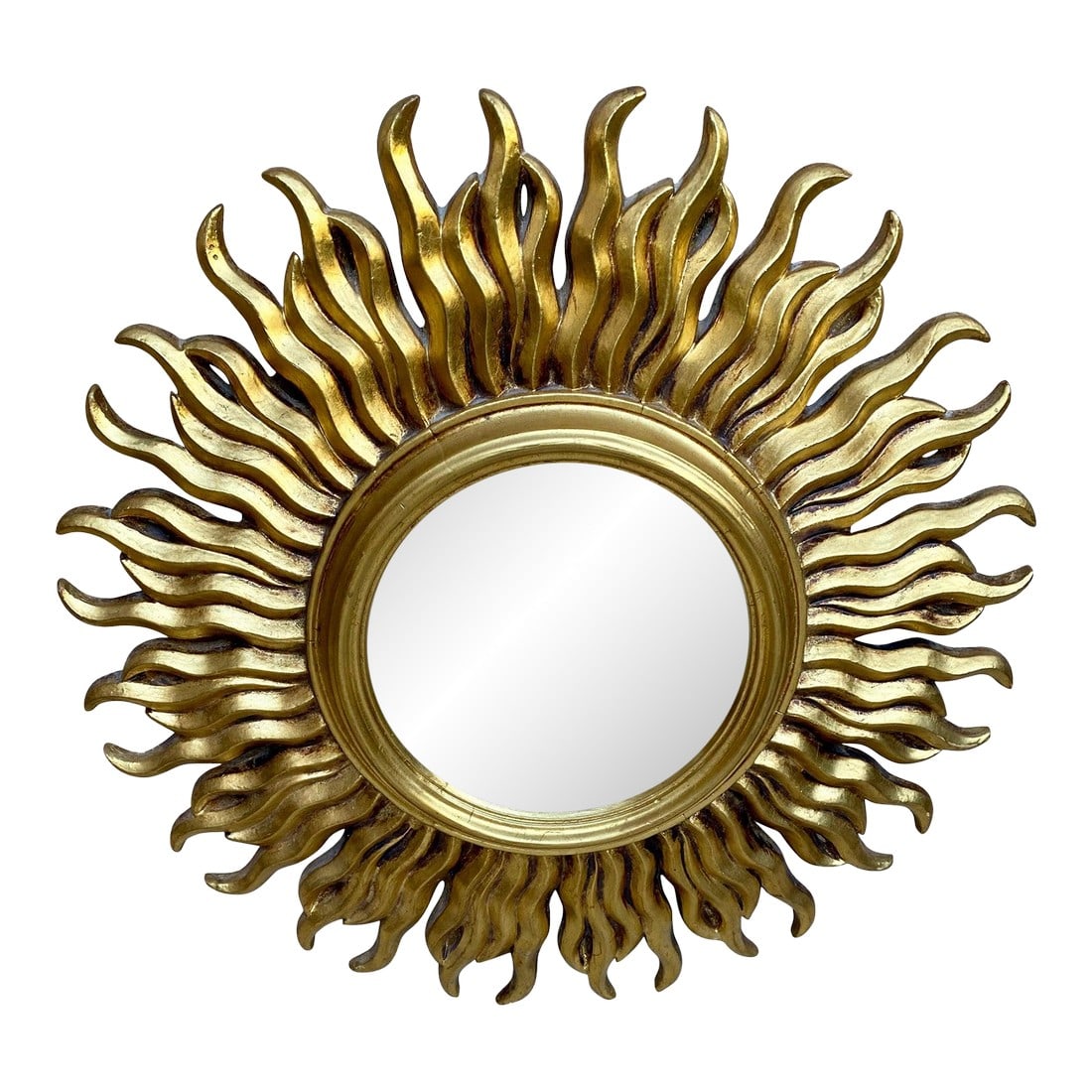 Mid-Century French Sunburst Mirror in Gold, 1950s: Mid 20Th French Century Sunburst Mirror in Gold. Midcentury Tiered and Gilt Sunburst Mirror from France. Condition: Alterations: Unknown Imperfections: Some Imperfections Condition Notes: Good Refinis