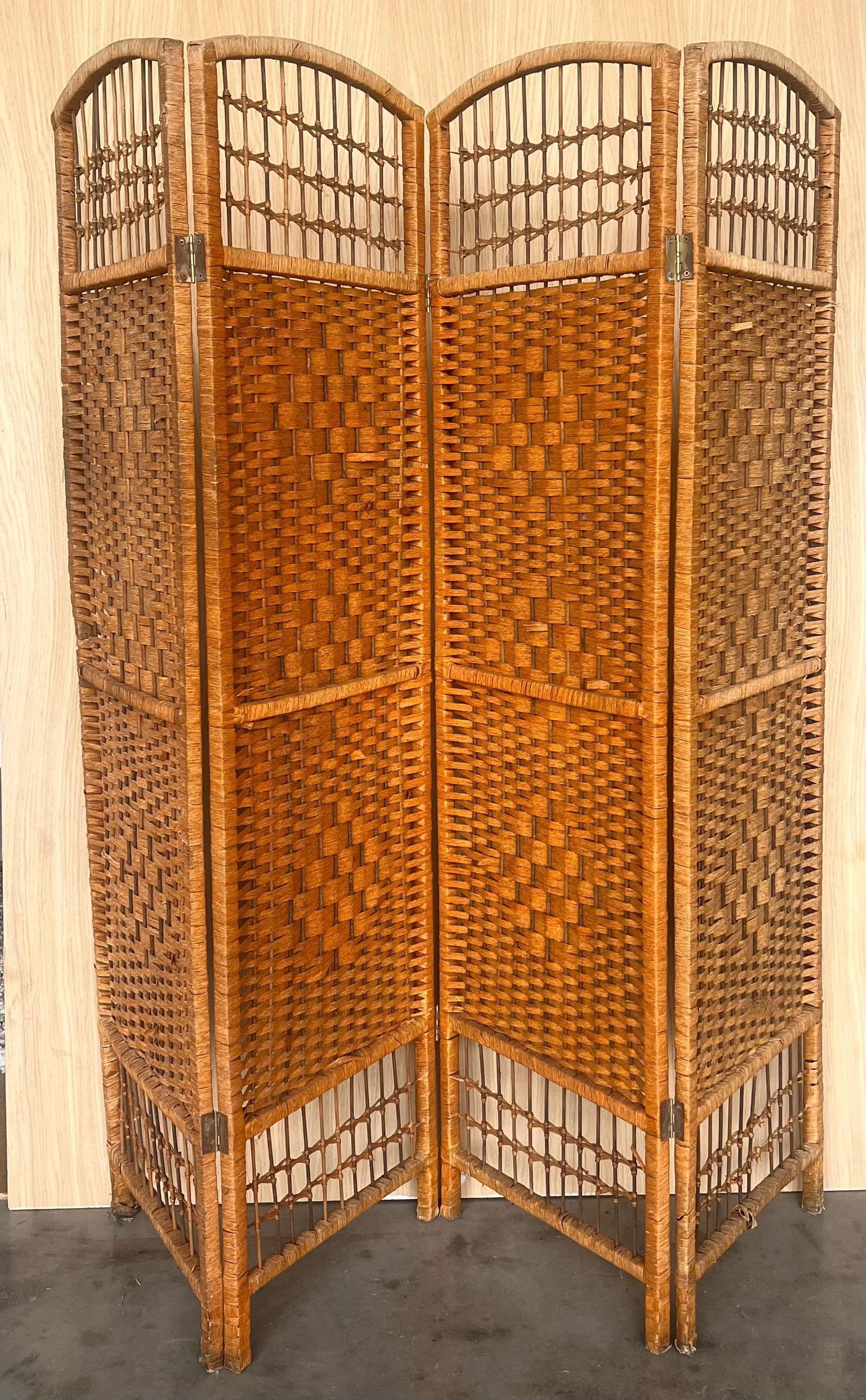 Four-Panel Bamboo Wicker Rattan Folding Screen Room Divider, France 1960s - 17