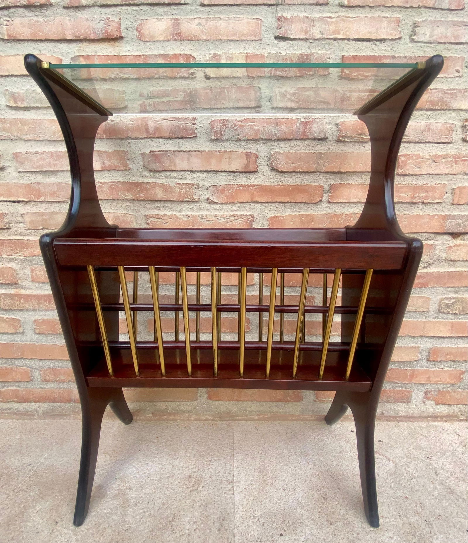 Vintage French Glass and Wood Folio Stand Magazine Rack, 1950s - 16