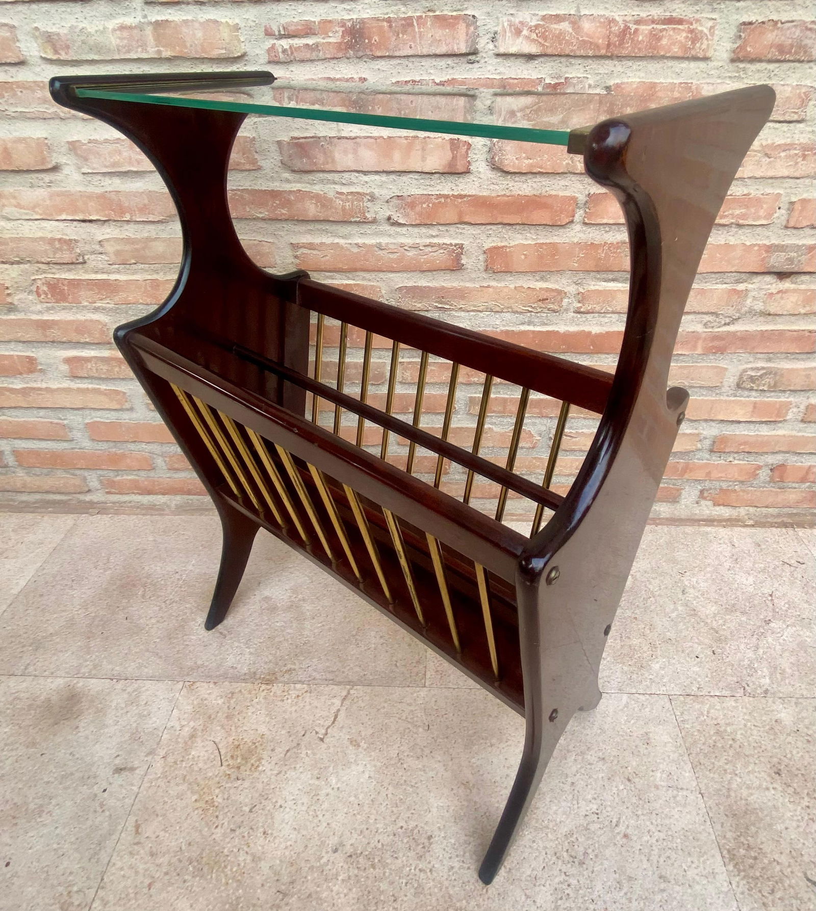 Vintage French Glass and Wood Folio Stand Magazine Rack, 1950s - 18