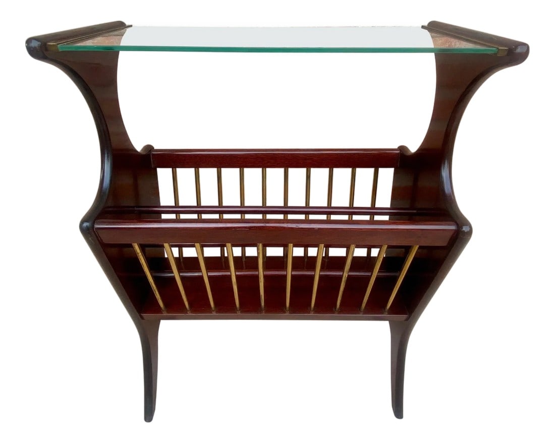 Vintage French Glass and Wood Folio Stand Magazine Rack, 1950s: Beautiful and elegant mid-century French wood magazine or folio display rack dating from around the 1950s. A great piece that adds perfectly to any home decor, in excellent condition with a fantastic