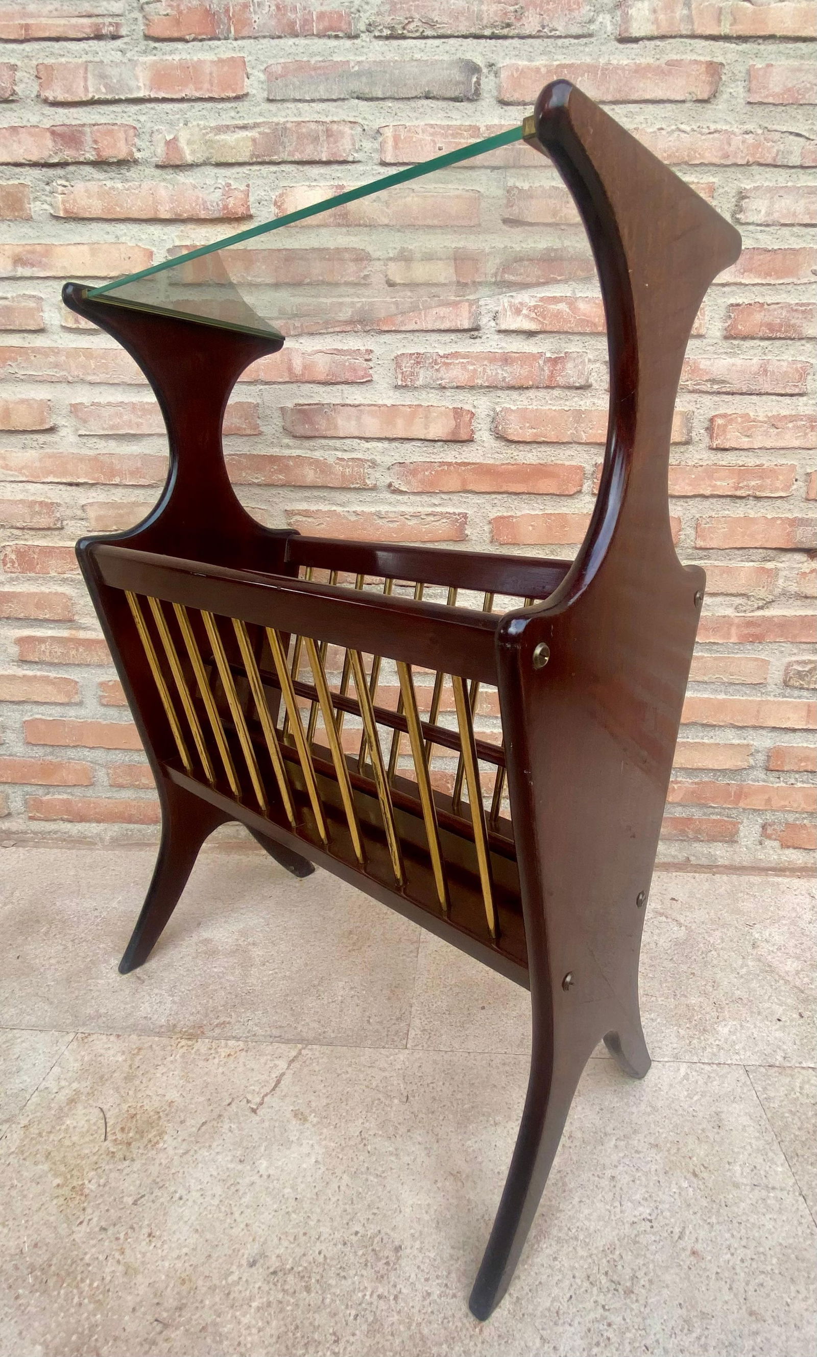 Vintage French Glass and Wood Folio Stand Magazine Rack, 1950s - 3