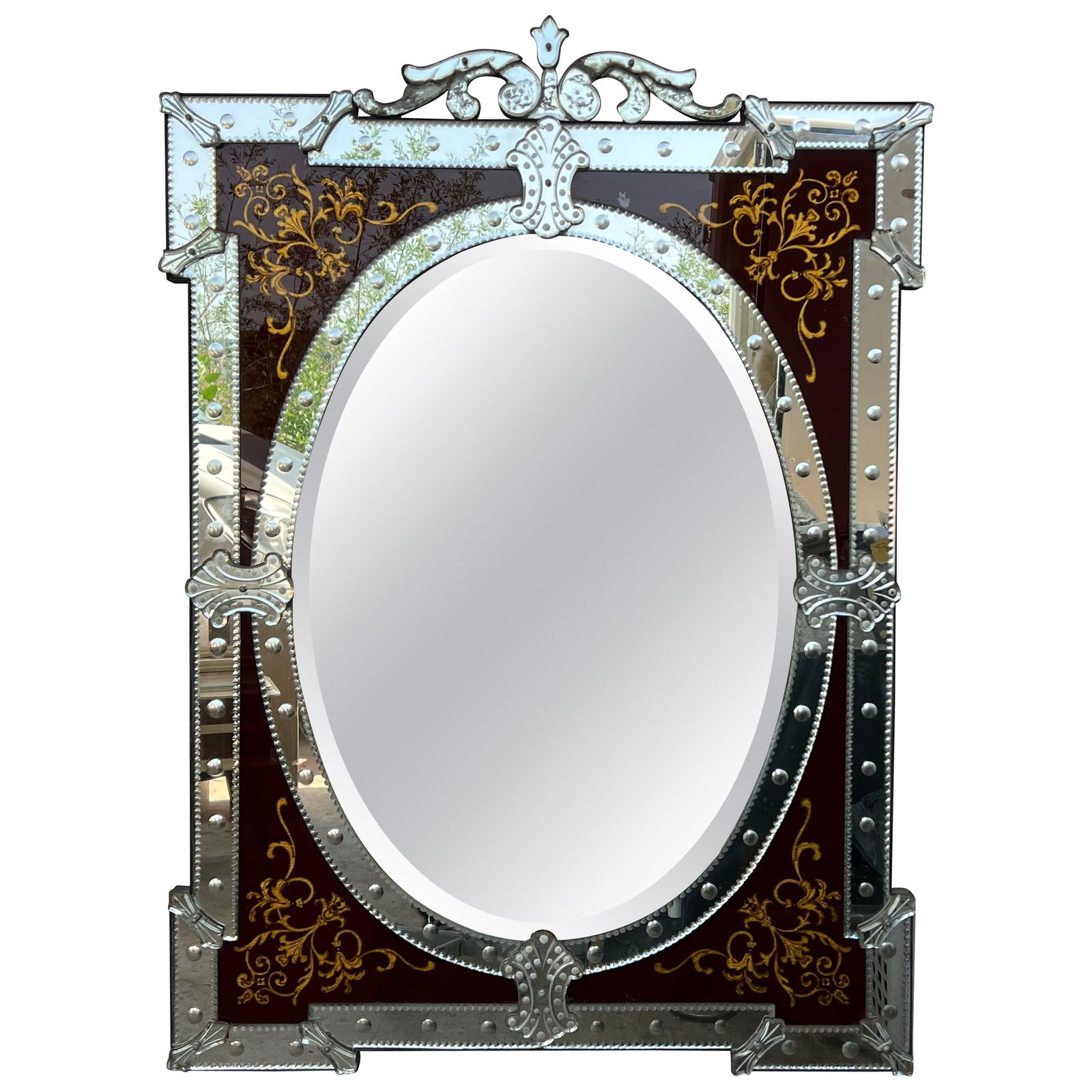 1880-1900 Venetian Mirror with Pediment Garnet Glass Adorned with Flowers - 15