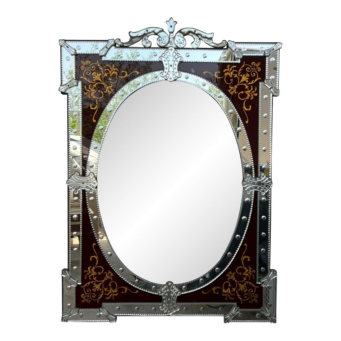 1880-1900 Venetian Mirror with Pediment Garnet Glass Adorned with Flowers: Venice rectangular, mirror silvering emailed with flowers, the centre is bevelled, gilted details in the corners... really impressive. Condition: Alterations: Unknown Imperfections: Some Imperfections