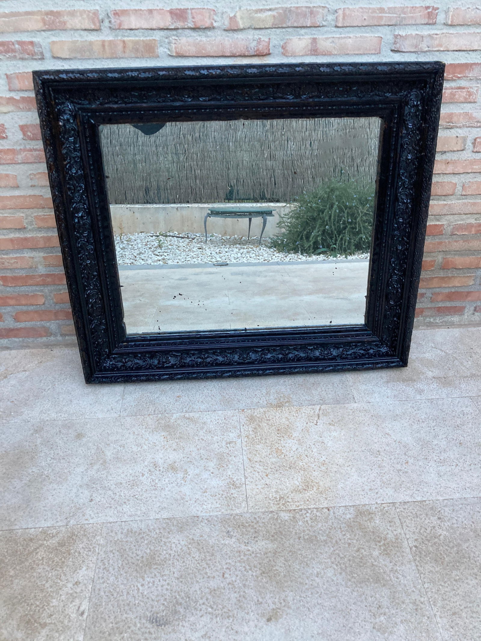 French Dark Framed Carved Wood Wall Mirror, 1920 - 2