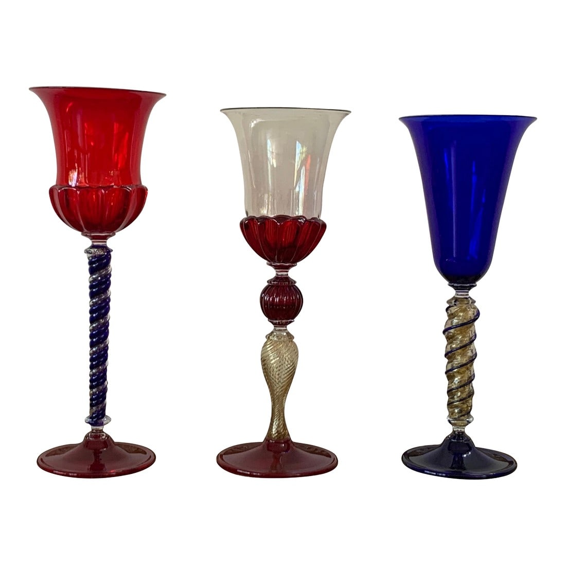 Late 20th Century Set of Three Modern Murano Glass Goblets, Blue, Red and Amethys (1 of 18)