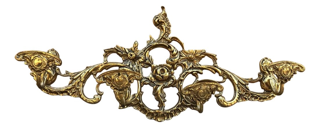 20th Century French Bronze Wall-Mounted Coat Rack: 20th century French bronze wall-mounted coat rack four hangers. Condition: Alterations: Unknown Imperfections: Some Imperfections Condition Notes: Good Refinished. Wear consistent with age and use. Di