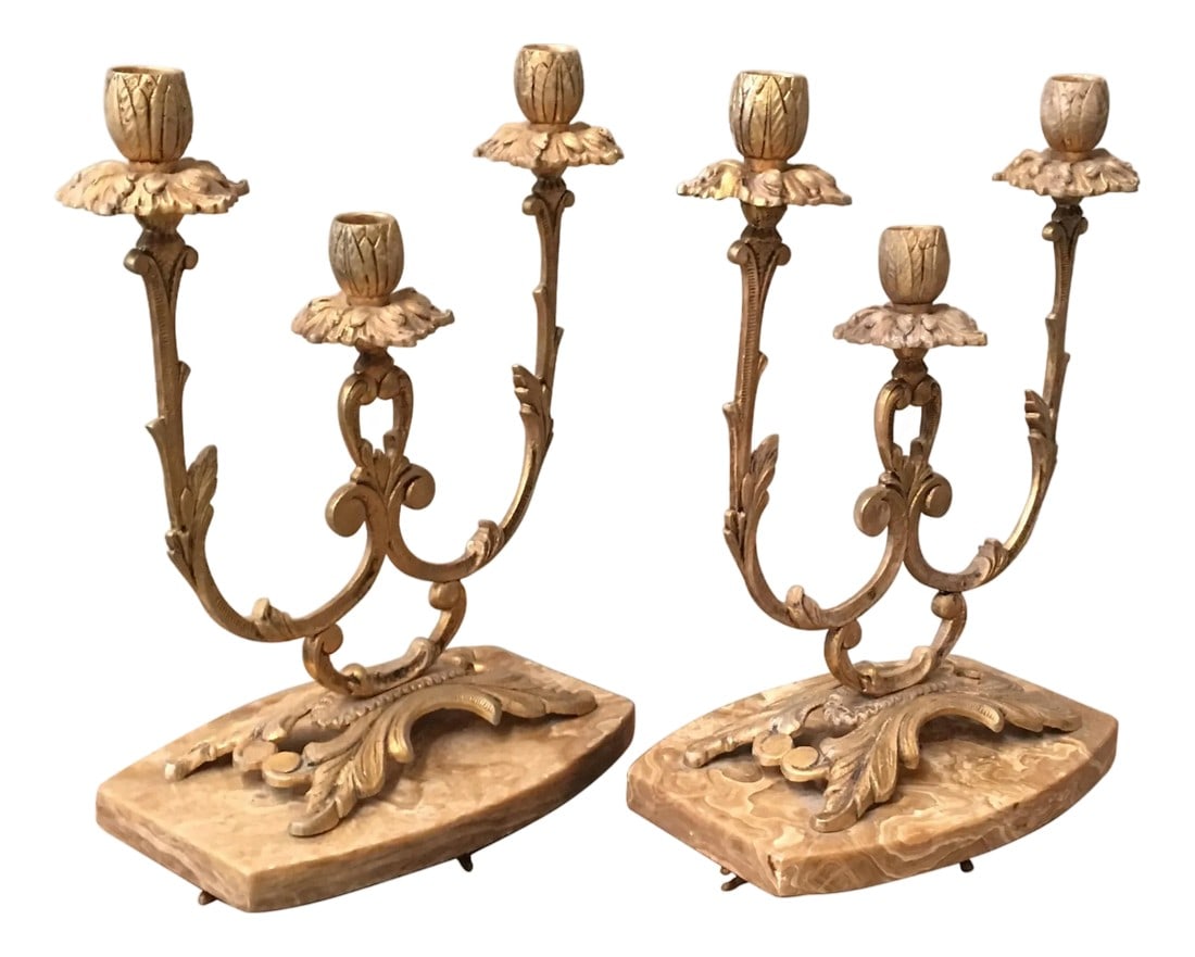 Pair of French Louis XVI Style '19th Century' Three Scroll Arm Candelabras: Pair of French Louis XVI Style '19th Century' three scroll arm candelabras. Condition: Alterations: Unknown Imperfections: Some Imperfections Condition Notes: Good Wear consistent with age and use. Di