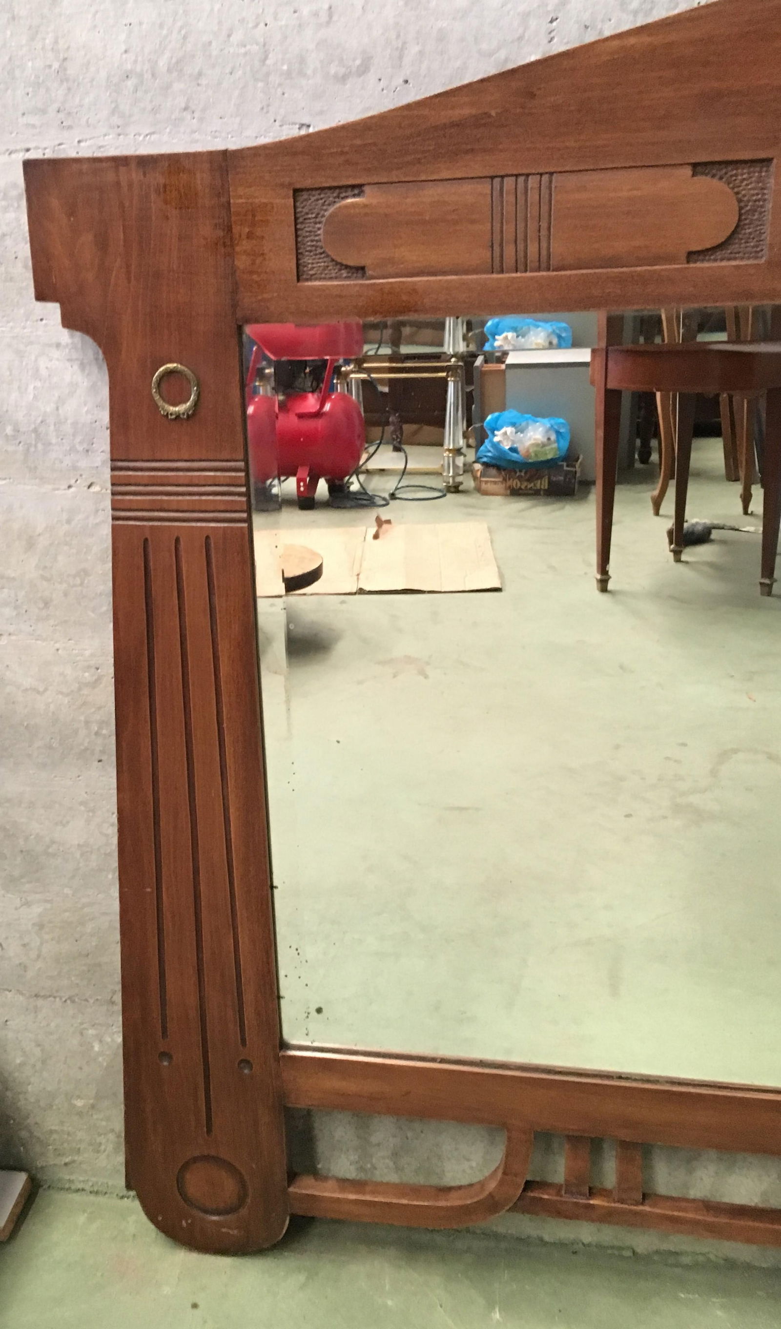 Antique Arts & Crafts Carved Oak and Bronze Mirror, circa 1920 - 10