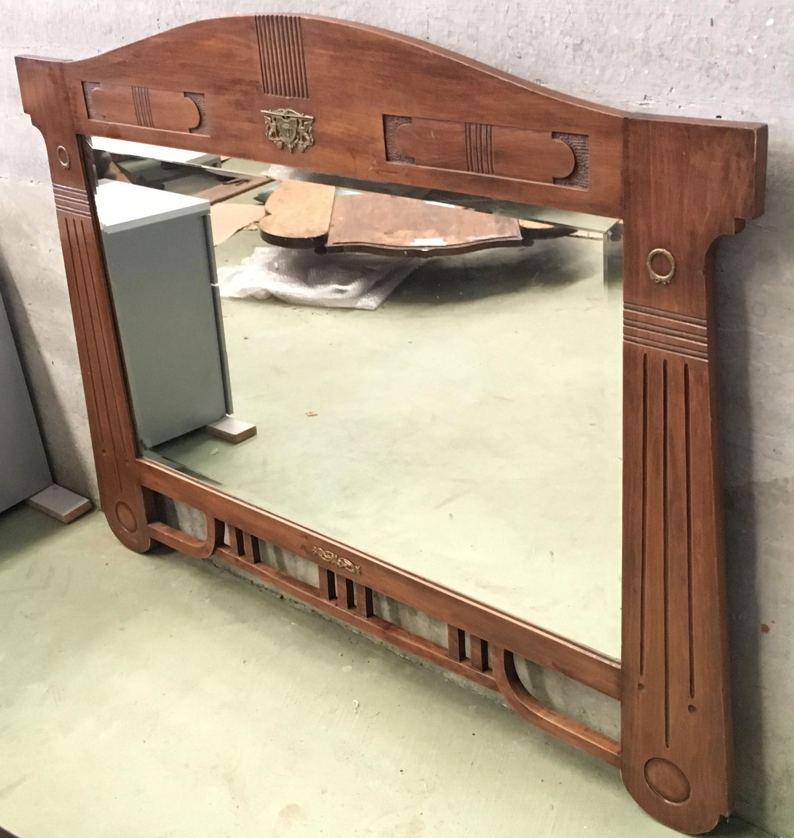 Antique Arts & Crafts Carved Oak and Bronze Mirror, circa 1920 - 16