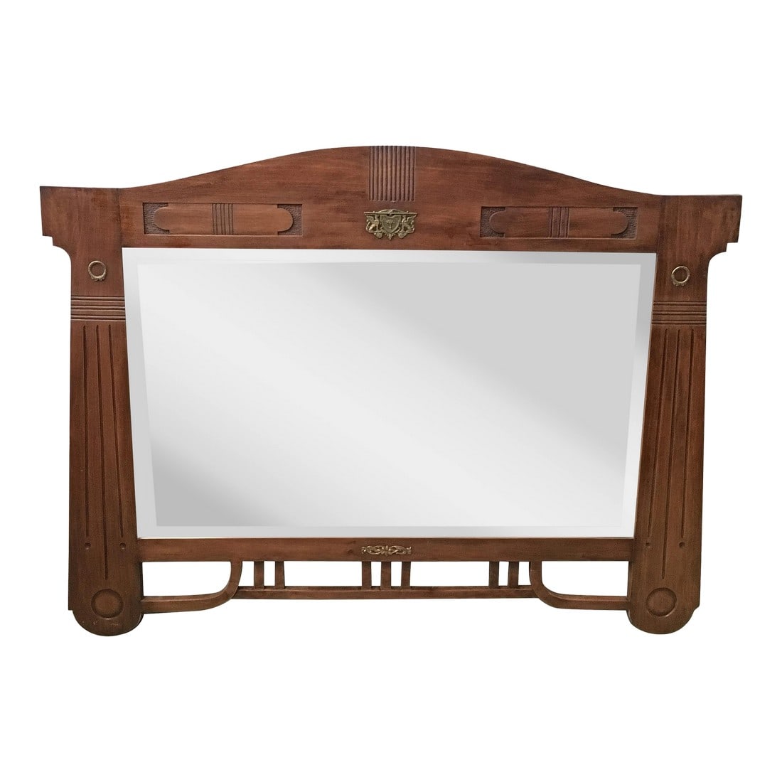 Antique Arts & Crafts Carved Oak and Bronze Mirror, circa 1920: Mirror with nice arch design, circa 1910. Original mirror. Condition: Alterations: Unknown Imperfections: Some Imperfections Condition Notes: Excellent Wear consistent with age and use. 
