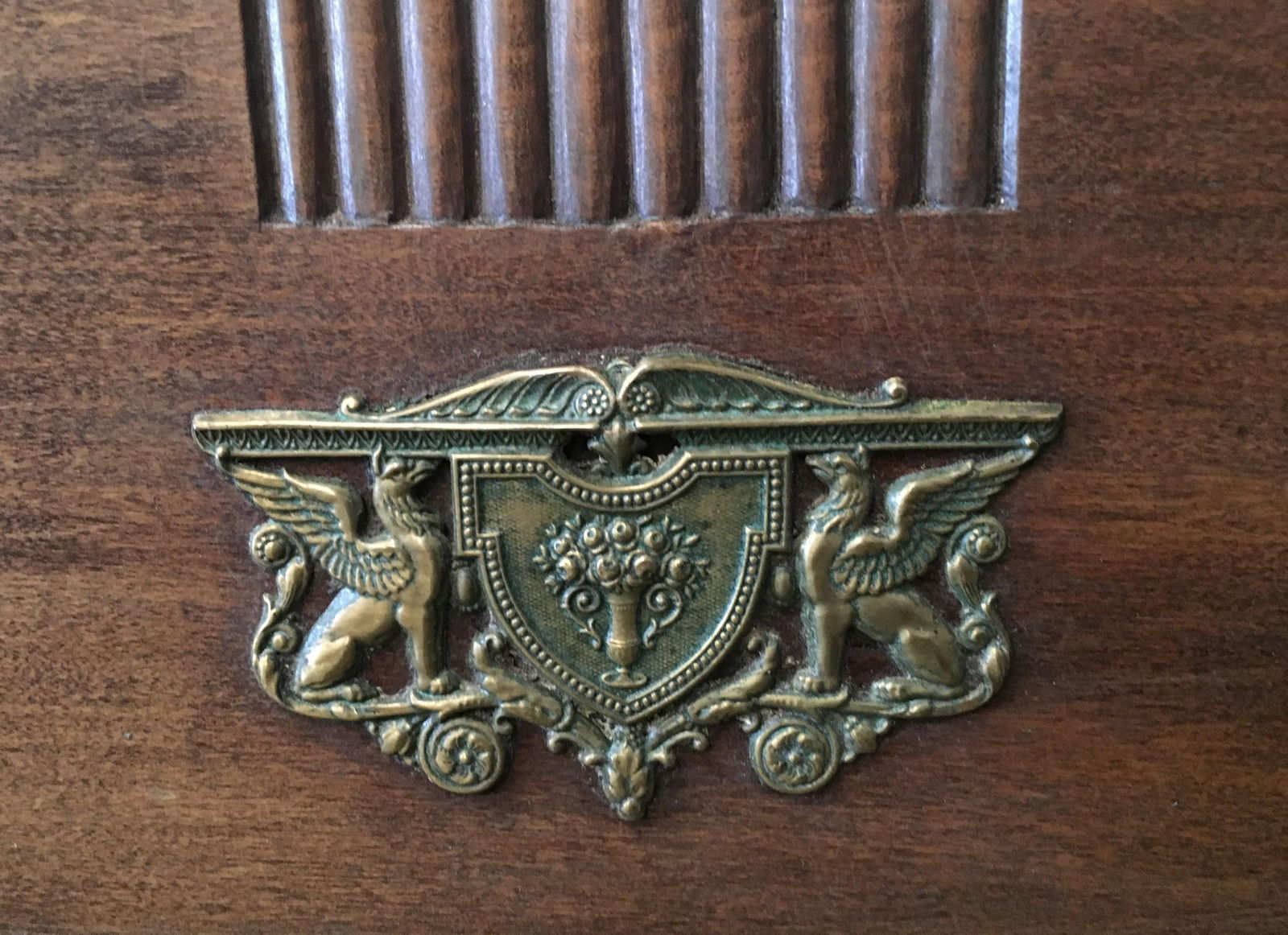 Antique Arts & Crafts Carved Oak and Bronze Mirror, circa 1920 - 4