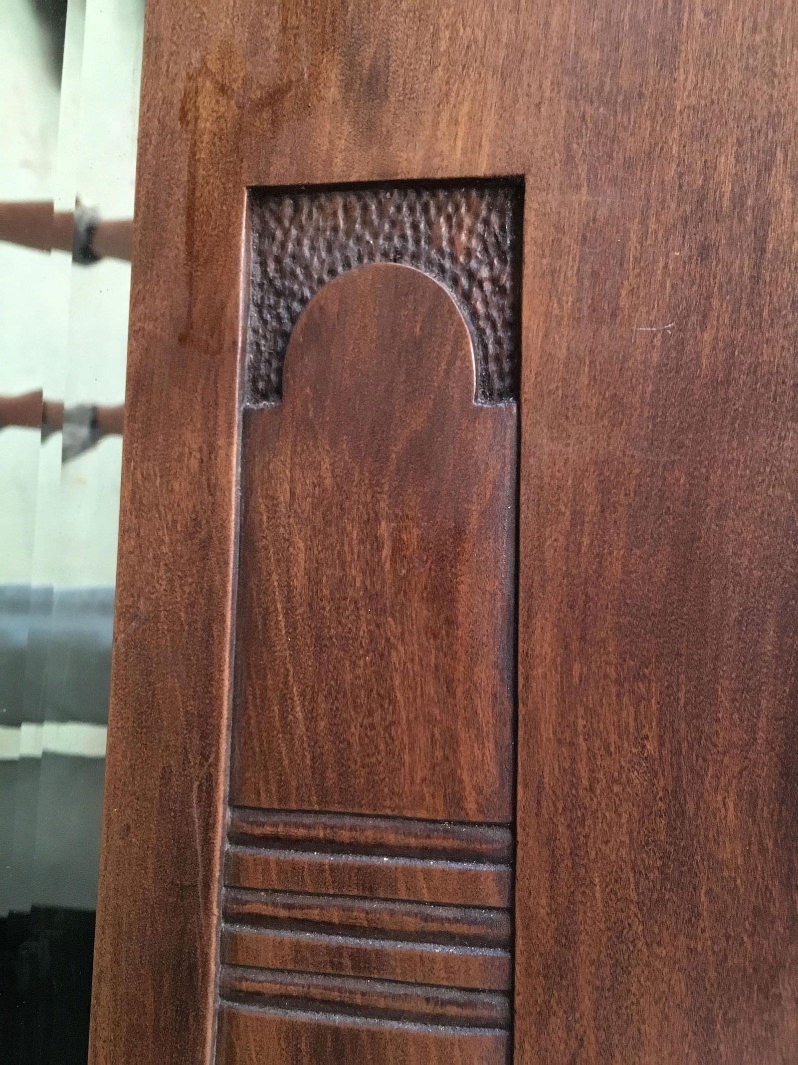 Antique Arts & Crafts Carved Oak and Bronze Mirror, circa 1920 - 7