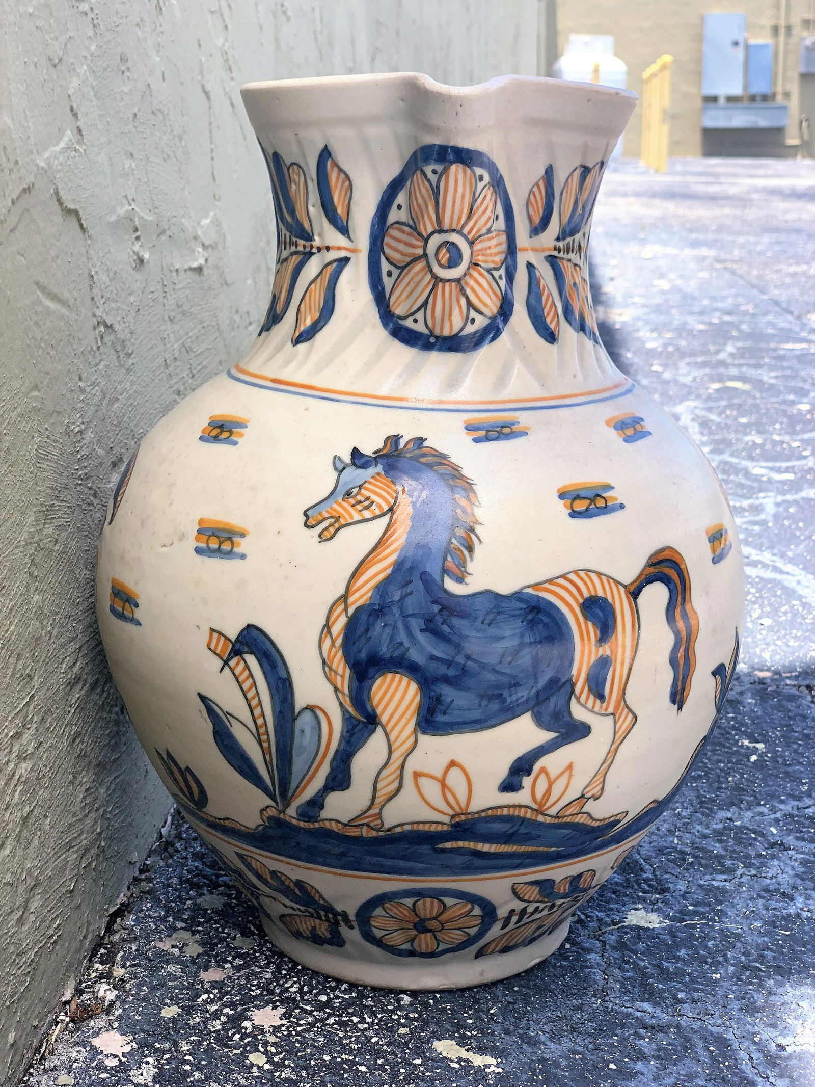 Striking Continental Glazed Earthenware Blue and Yellow Painted Urn, Talavera - 17