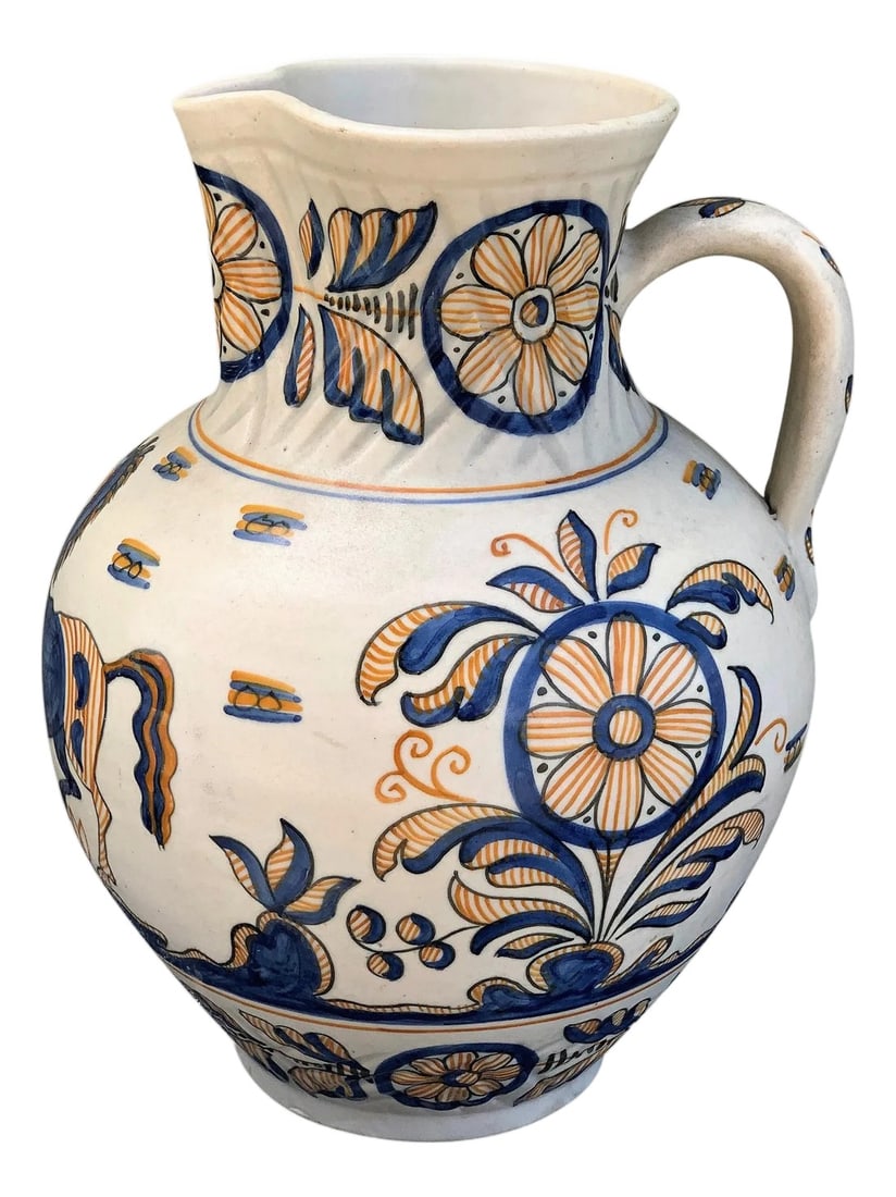 Striking Continental Glazed Earthenware Blue and Yellow Painted Urn, Talavera: A striking Spanish glazed earthenware two-handled blue and yellow painted urn or vase with molded handle, the body underglaze blue & yellow decorated, 19th century. Condition: Alterations: Unknown Imp