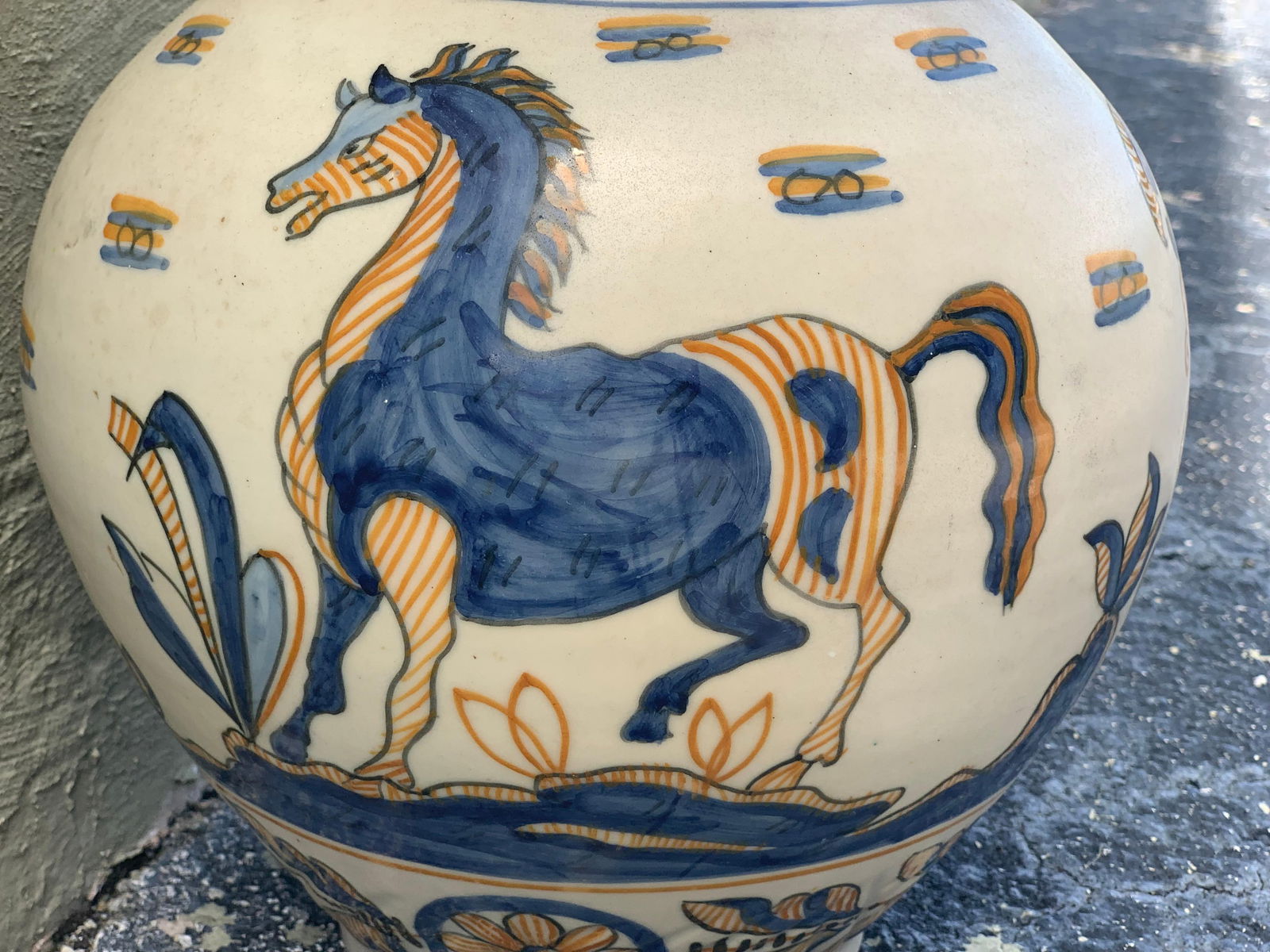 Striking Continental Glazed Earthenware Blue and Yellow Painted Urn, Talavera - 2