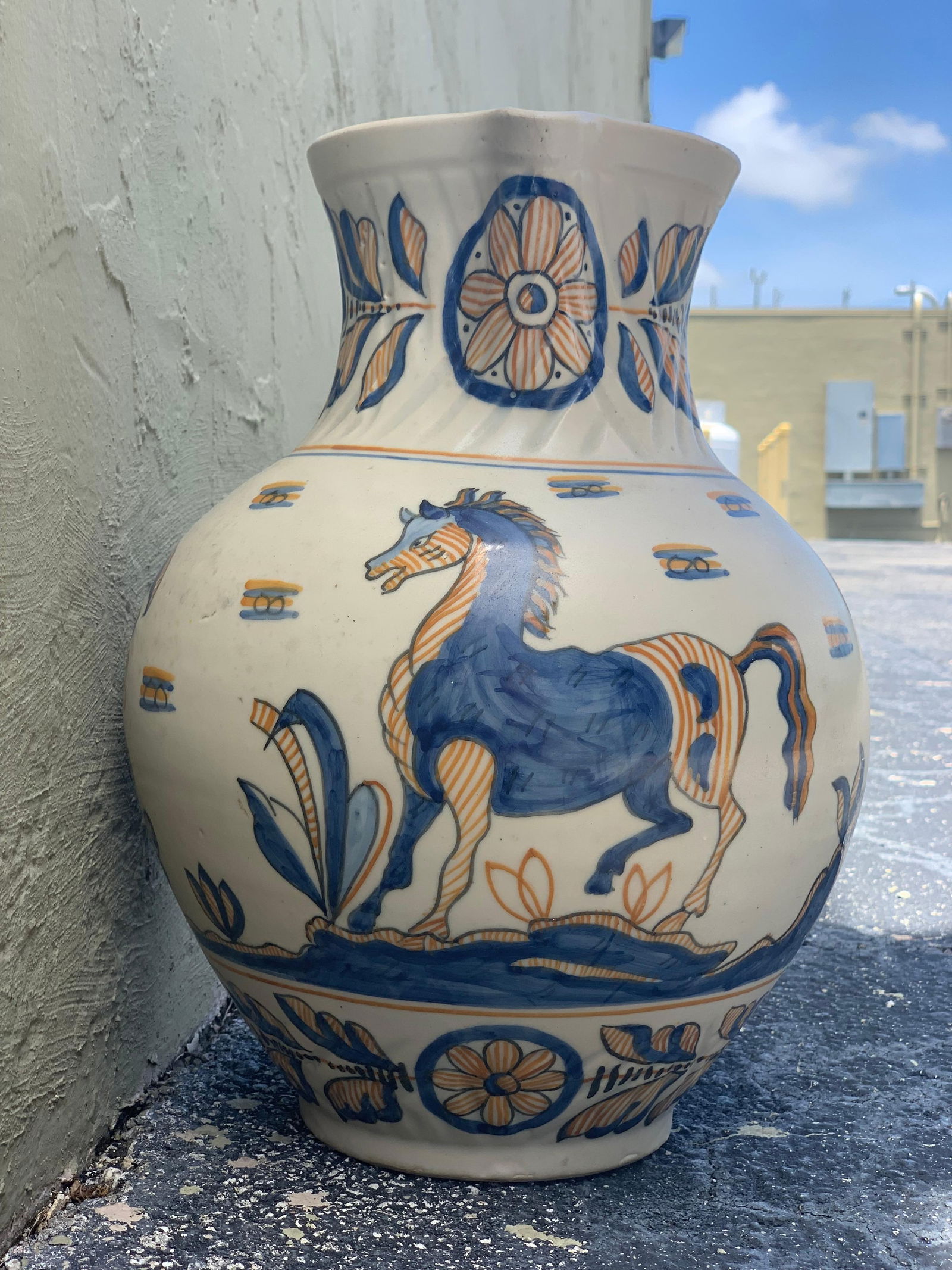 Striking Continental Glazed Earthenware Blue and Yellow Painted Urn, Talavera - 3