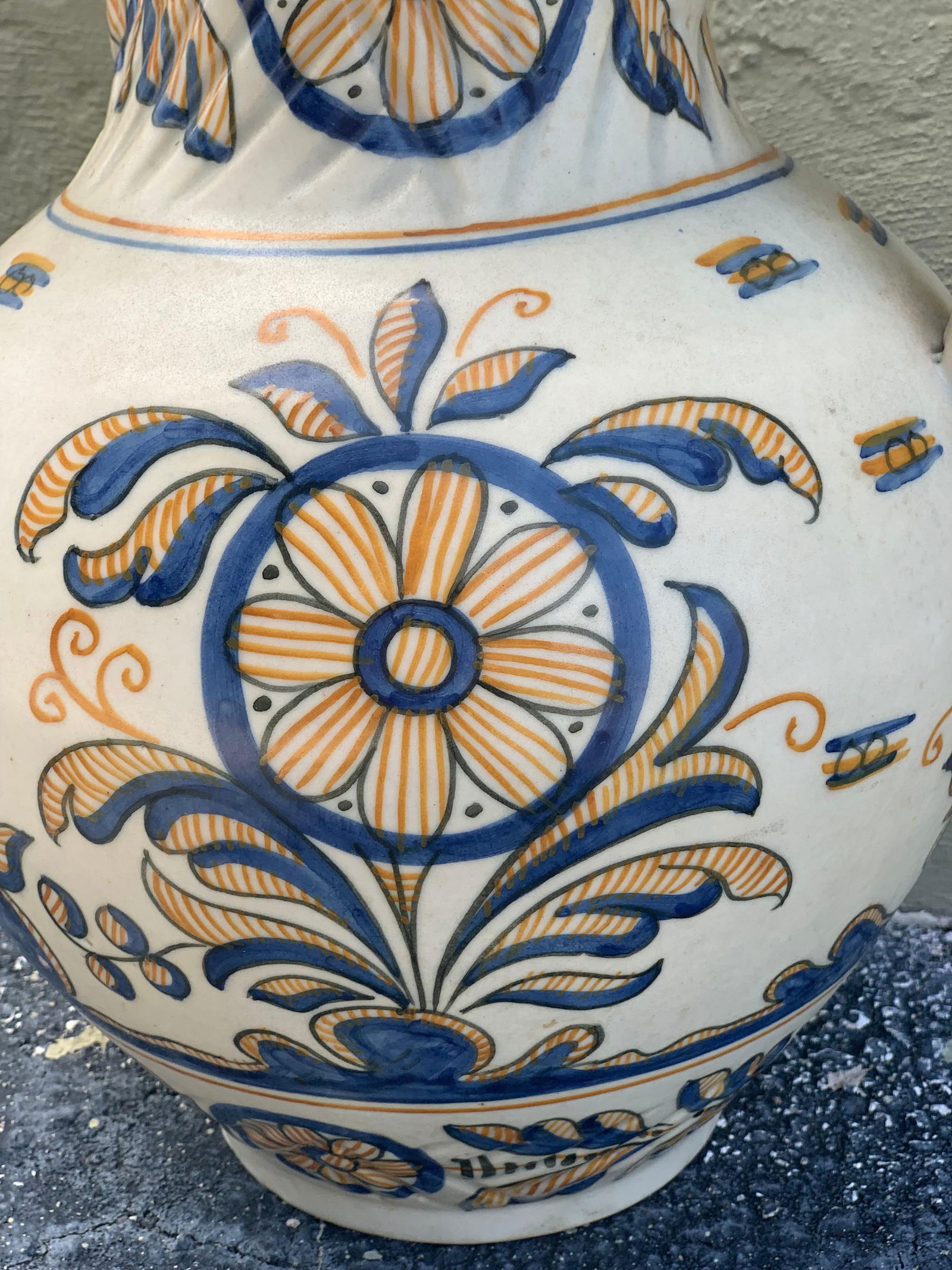 Striking Continental Glazed Earthenware Blue and Yellow Painted Urn, Talavera - 6