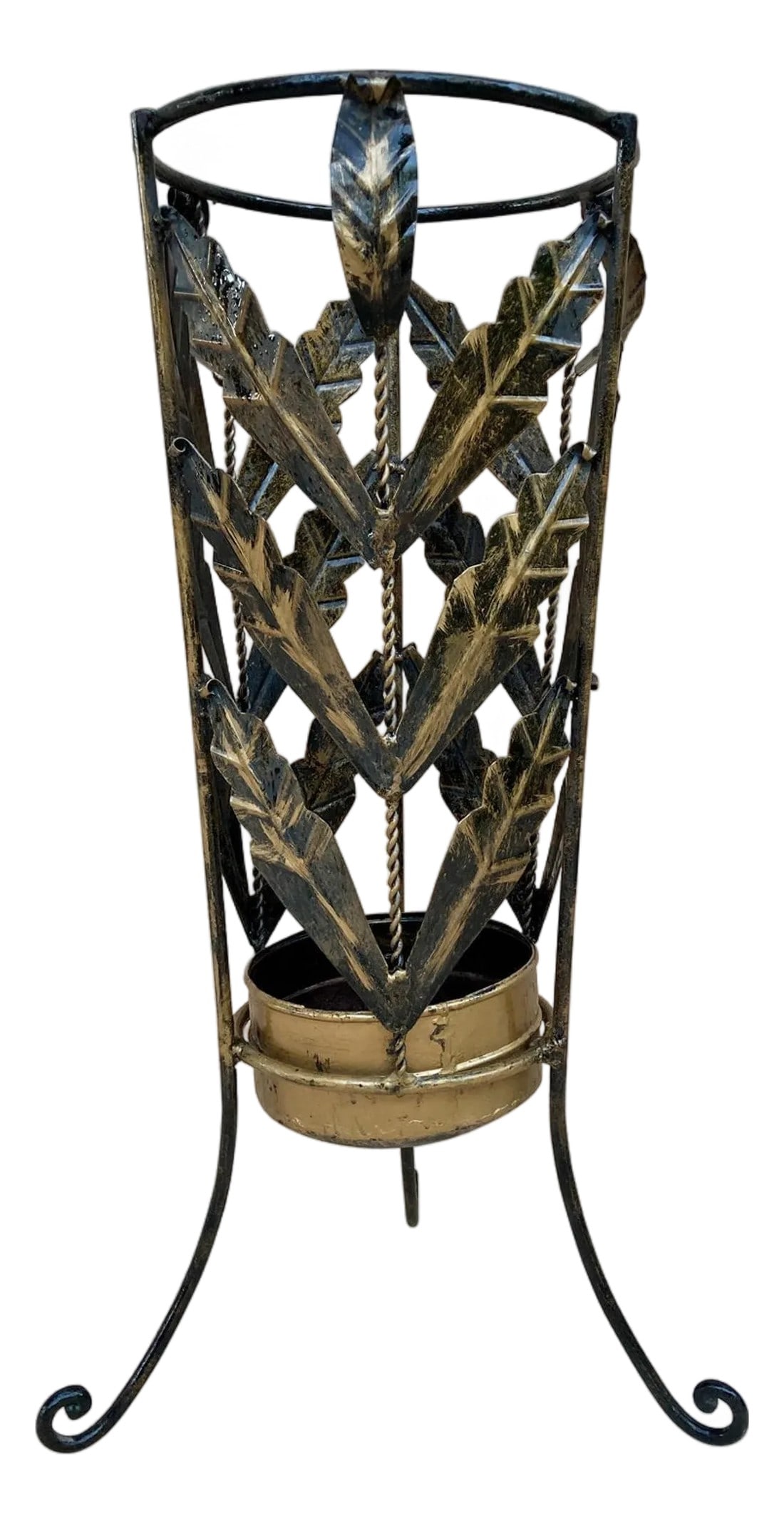 Mid 20th Century Mid Century Umbrella Stand Gilt Iron and Brass: Antique metal umbrella stand from the 60's. Perfect to put in our entrance hall. Made by hand, along the umbrella stand we can see the shape of leaves intertwined with each other. Condition report: